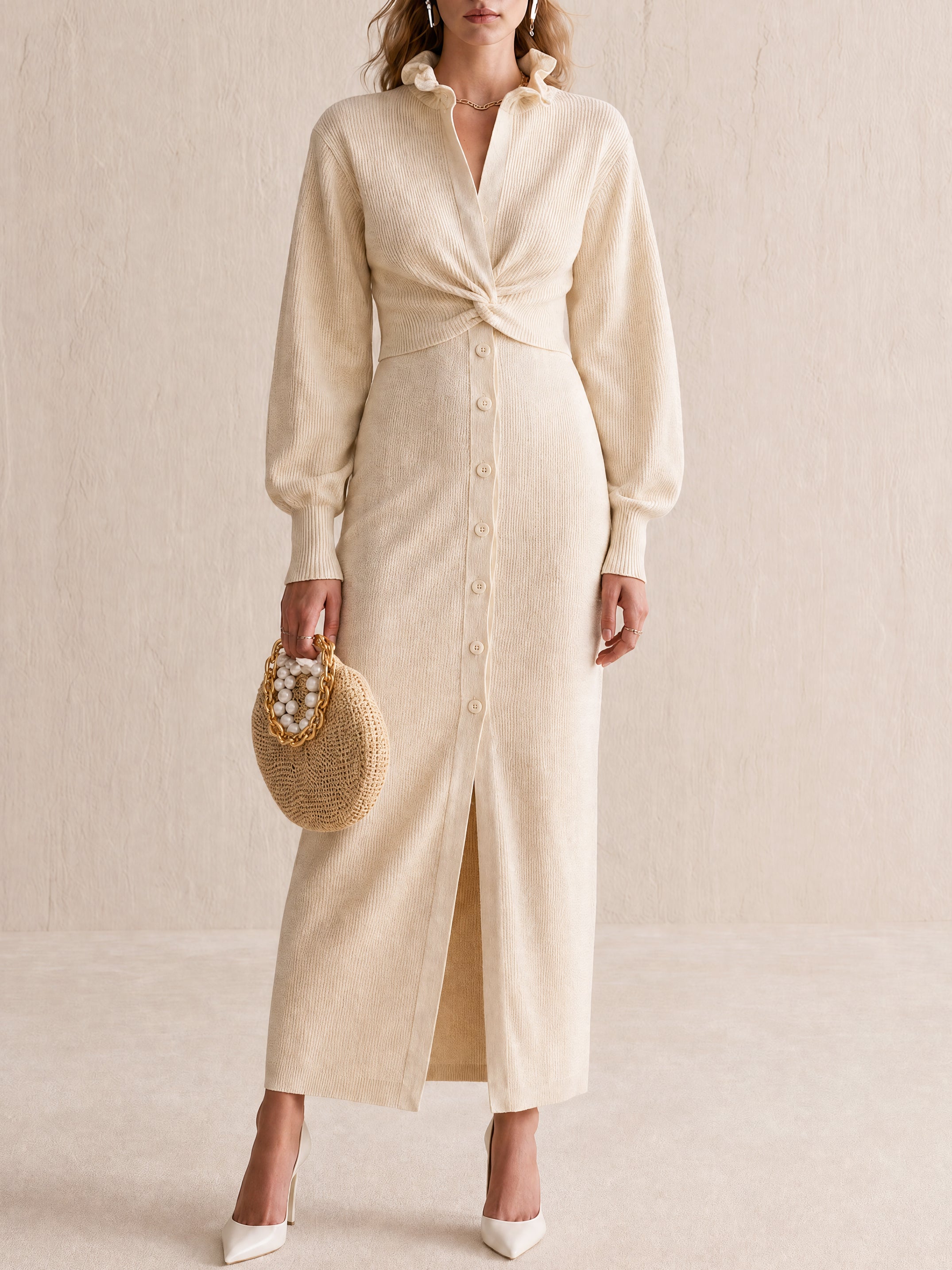 Ivory Twist-Front Button Knit Maxi Dress