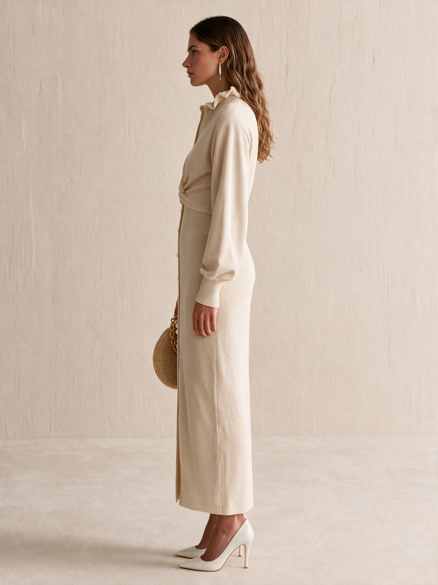 Ivory Twist-Front Button Knit Maxi Dress