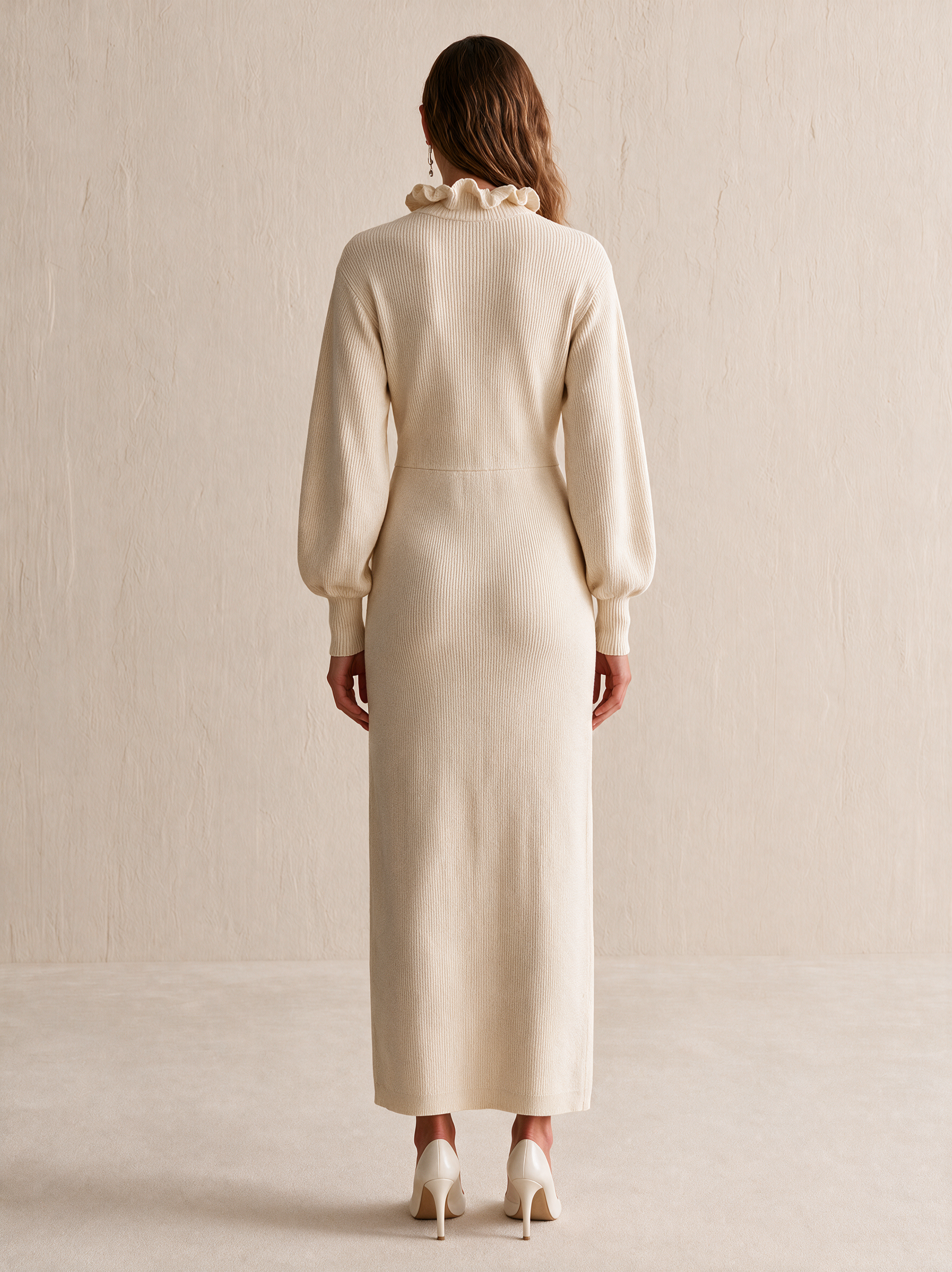 Ivory Twist-Front Button Knit Maxi Dress