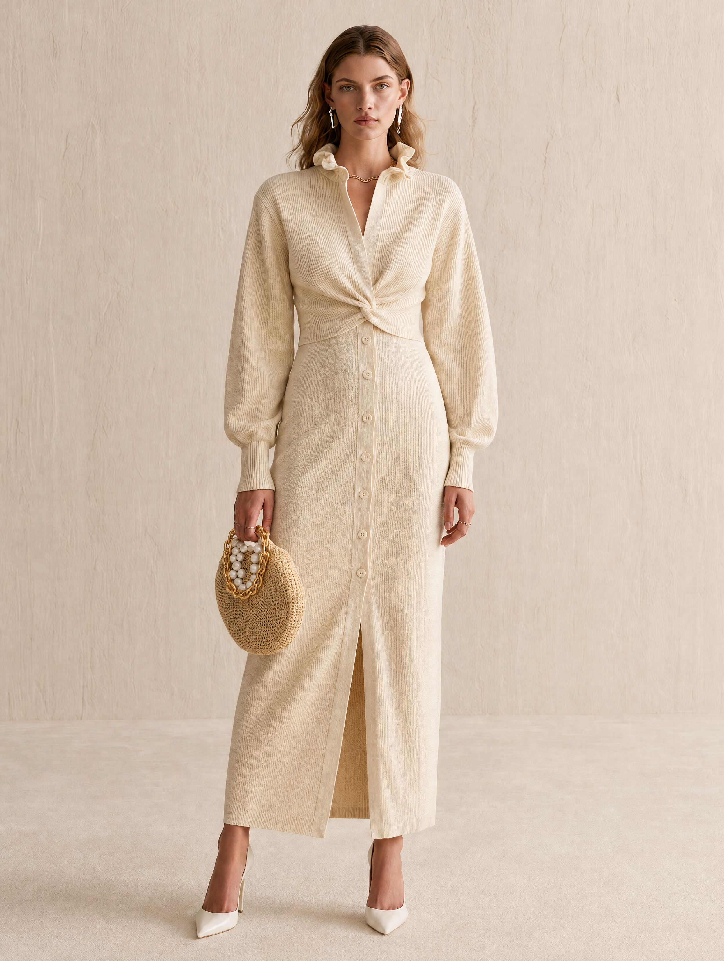 Ivory Twist-Front Button Knit Maxi Dress