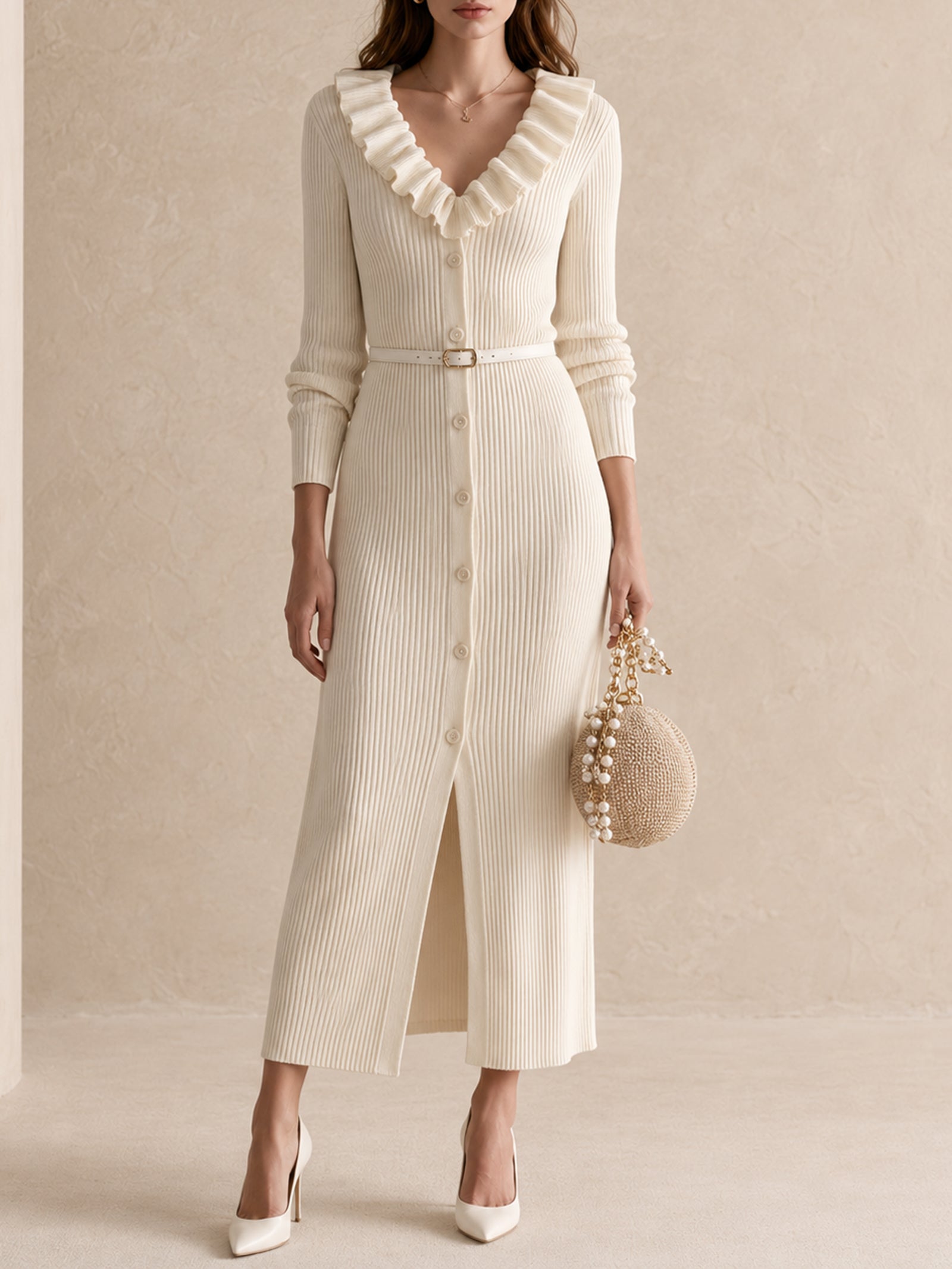 Ivory Ruffle V-Neck Button-Front Ribbed Knit Midi Dress