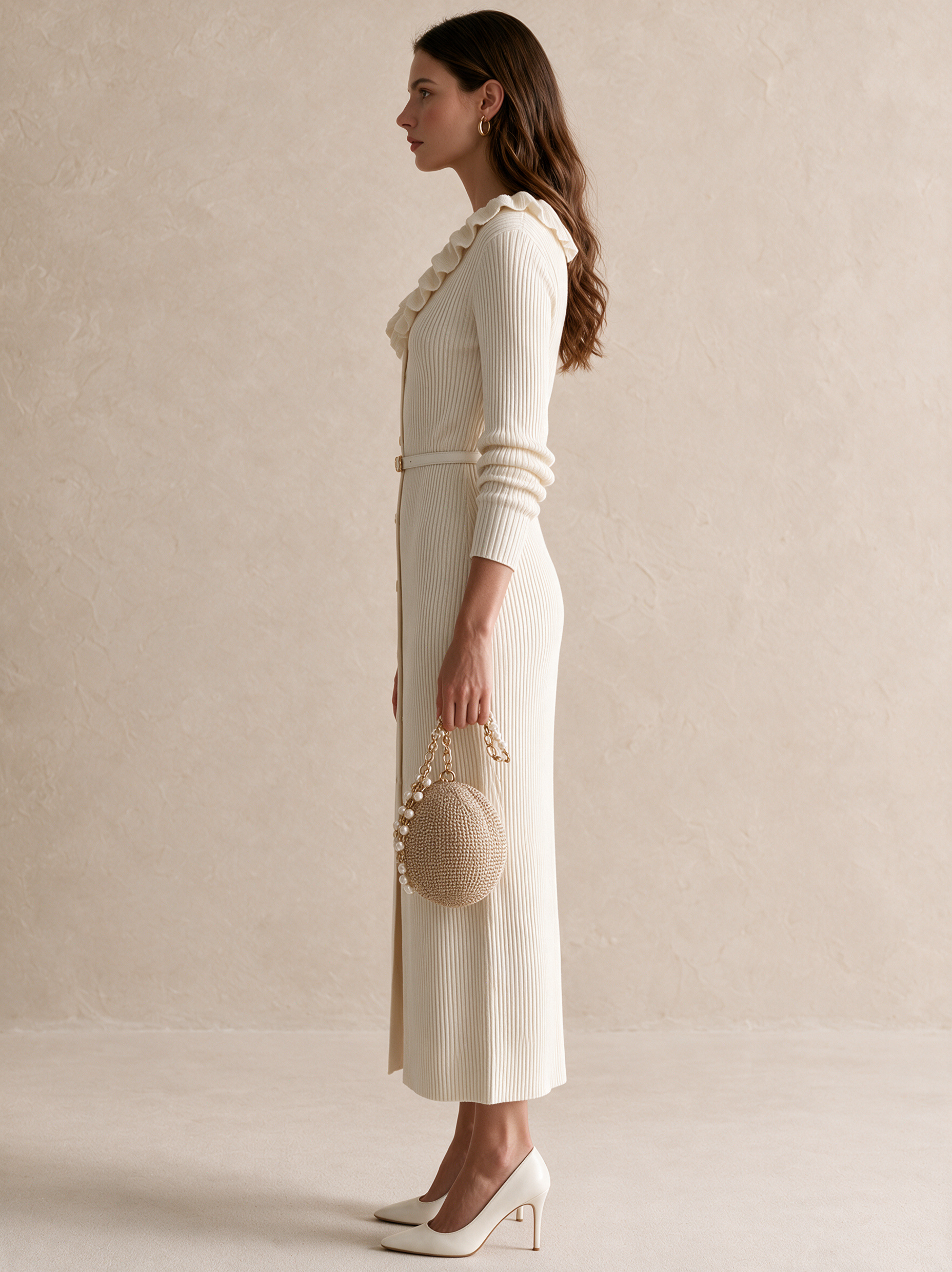 Ivory Ruffle V-Neck Button-Front Ribbed Knit Midi Dress