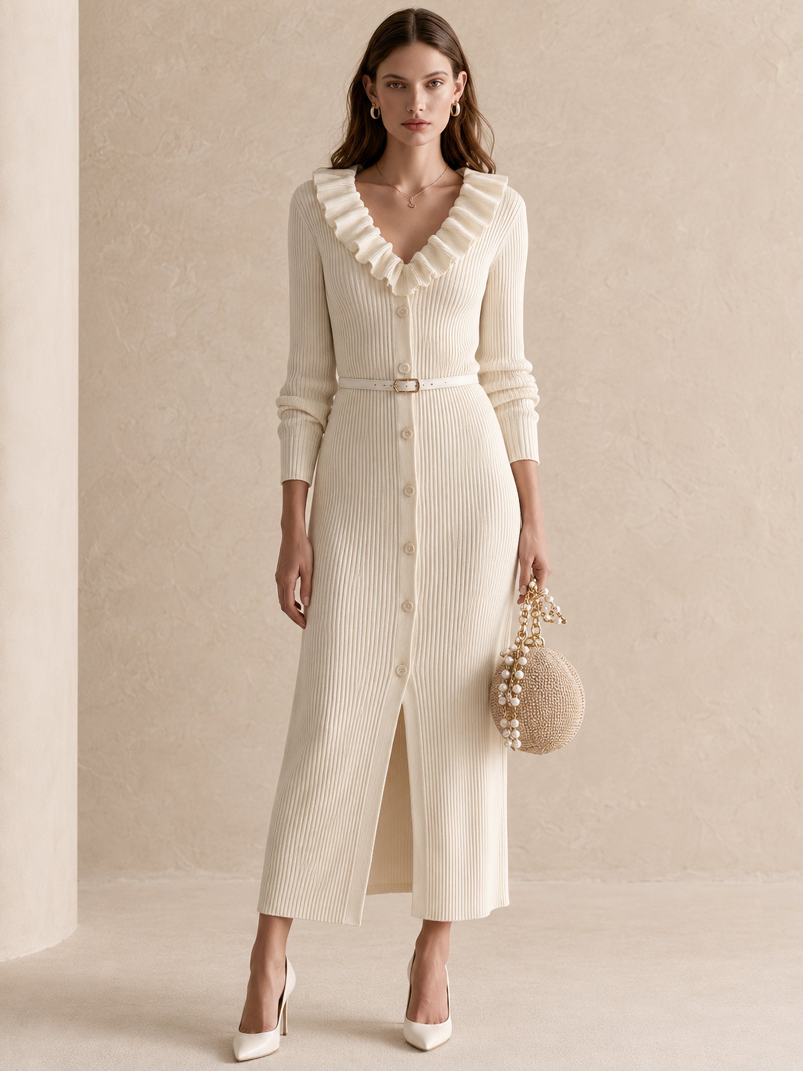 Ivory Ruffle V-Neck Button-Front Ribbed Knit Midi Dress