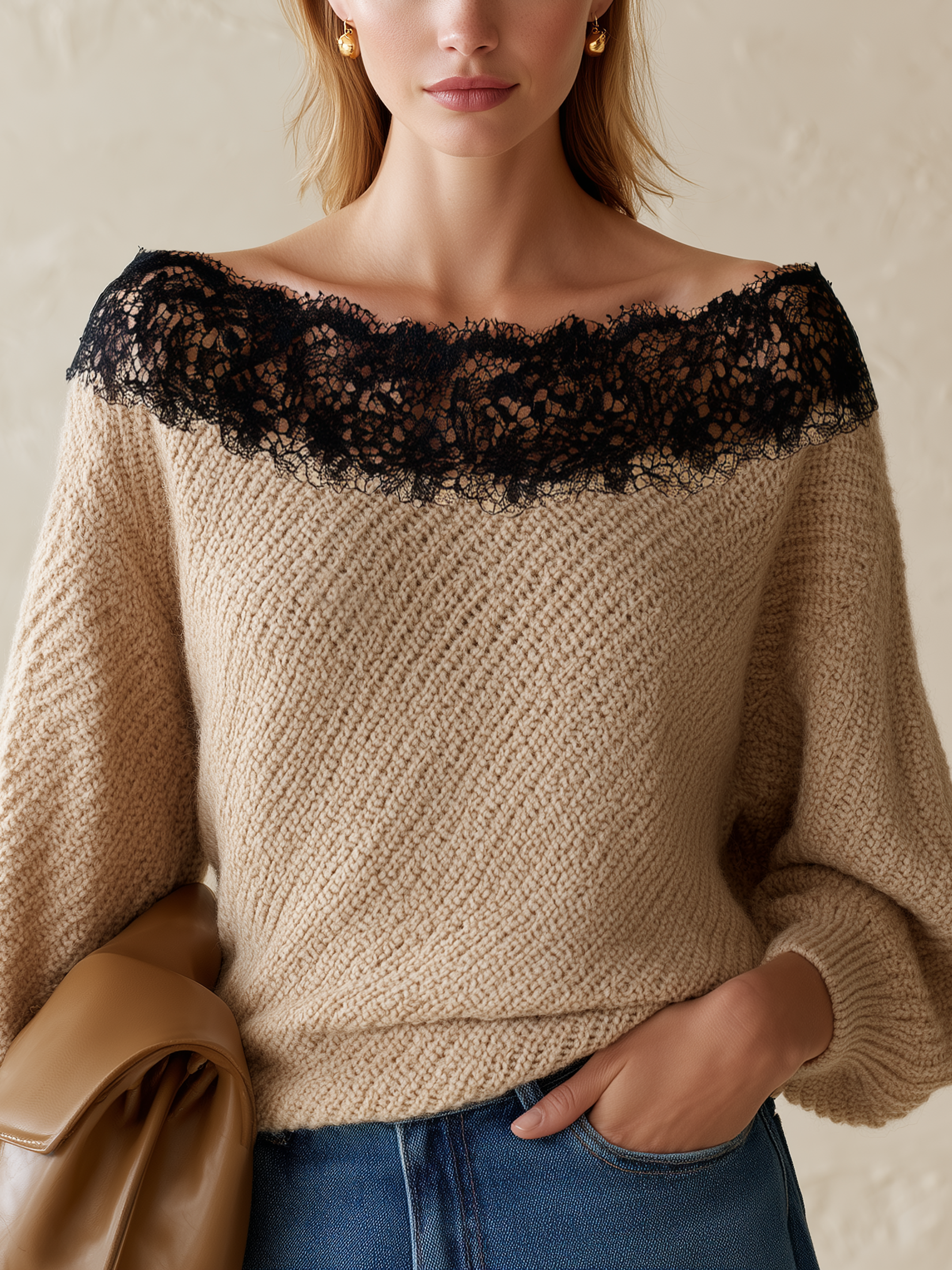 Oat Lace Off‑The‑Shoulder Loose Pullover Sweater