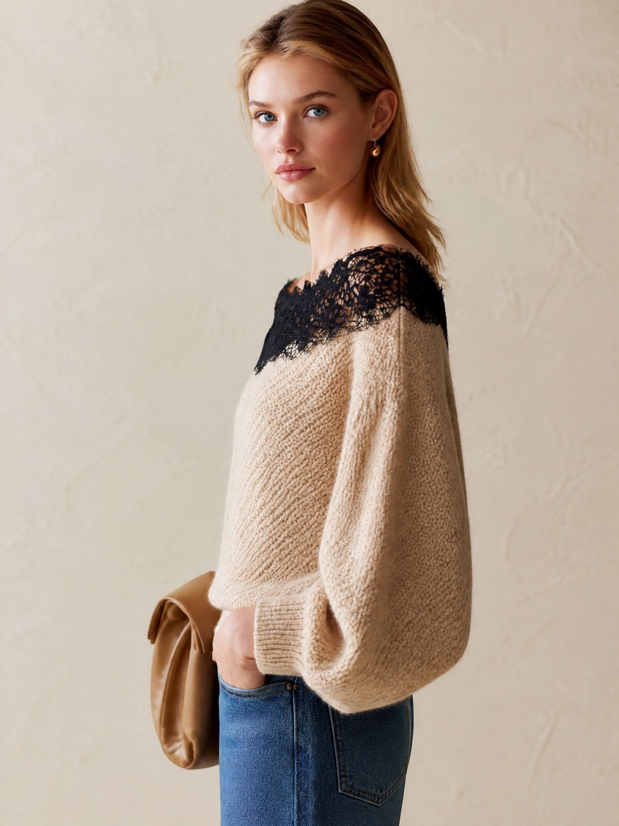 Oat Lace Off‑The‑Shoulder Loose Pullover Sweater