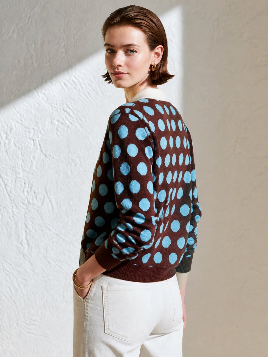 Vintage Polka‑Dot Contrast‑Collar Gold‑Button Cropped Cardigan