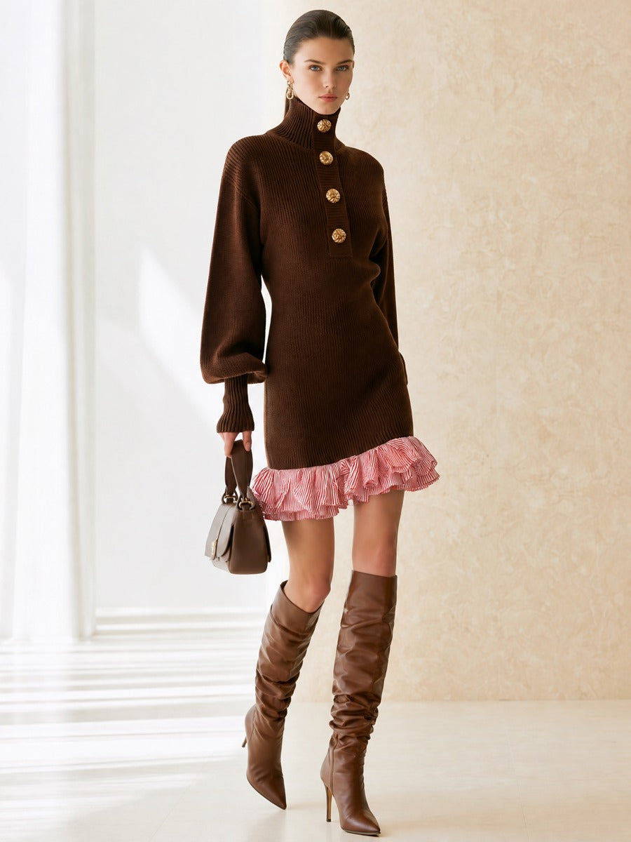 Lantern‑Sleeve Contrast‑Stripe Hem Knit Mini Dress