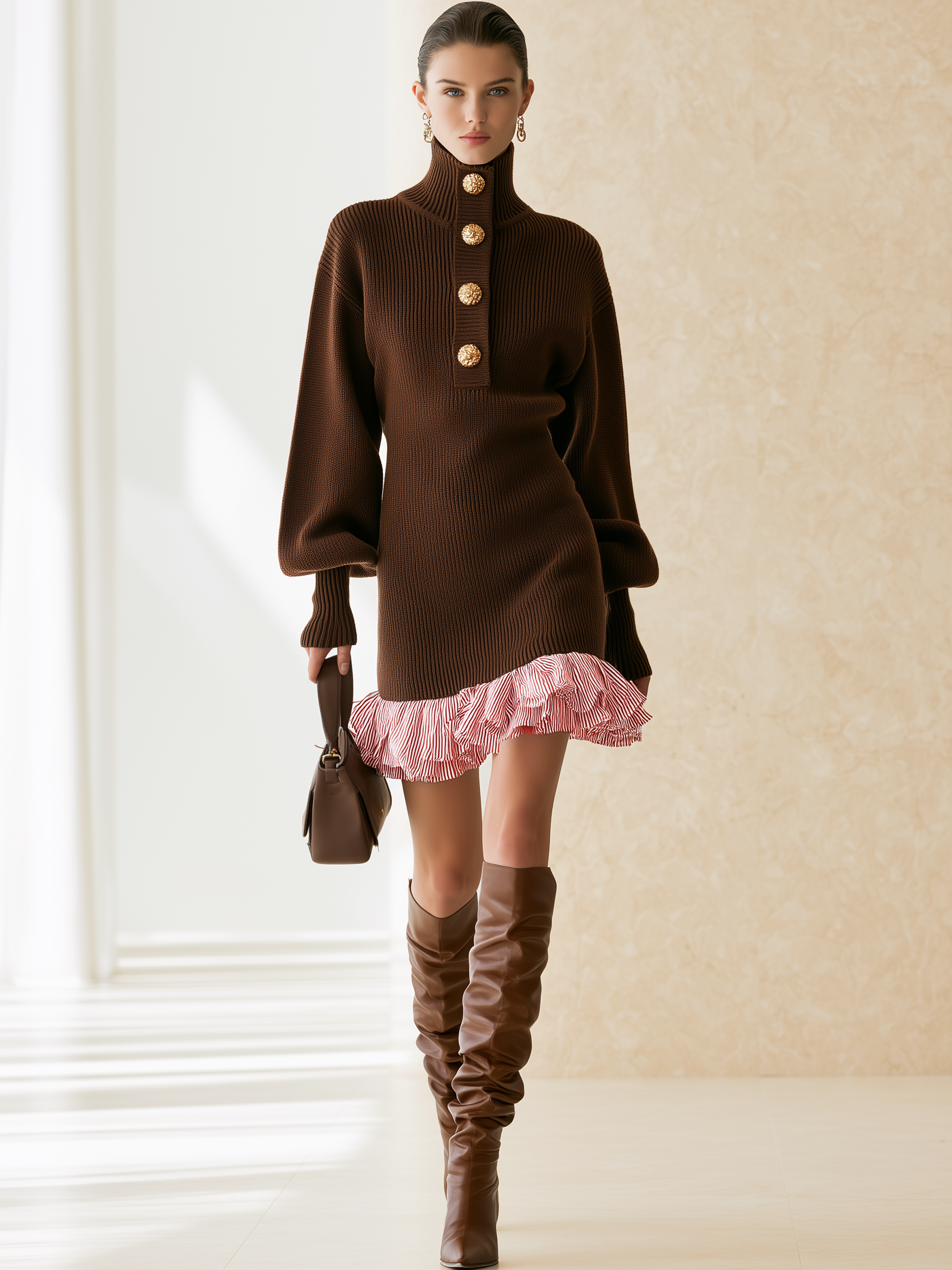 Lantern‑Sleeve Contrast‑Stripe Hem Knit Mini Dress