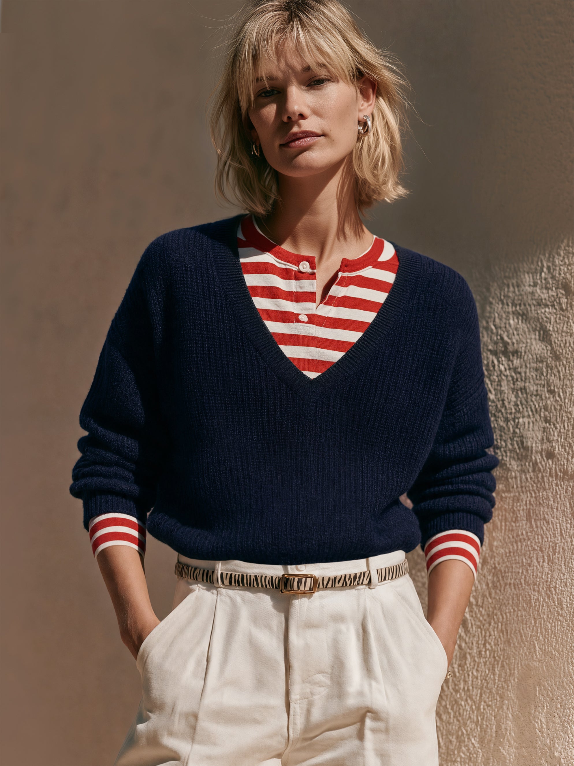V‑Neck Faux Two‑Piece Knit Sweater