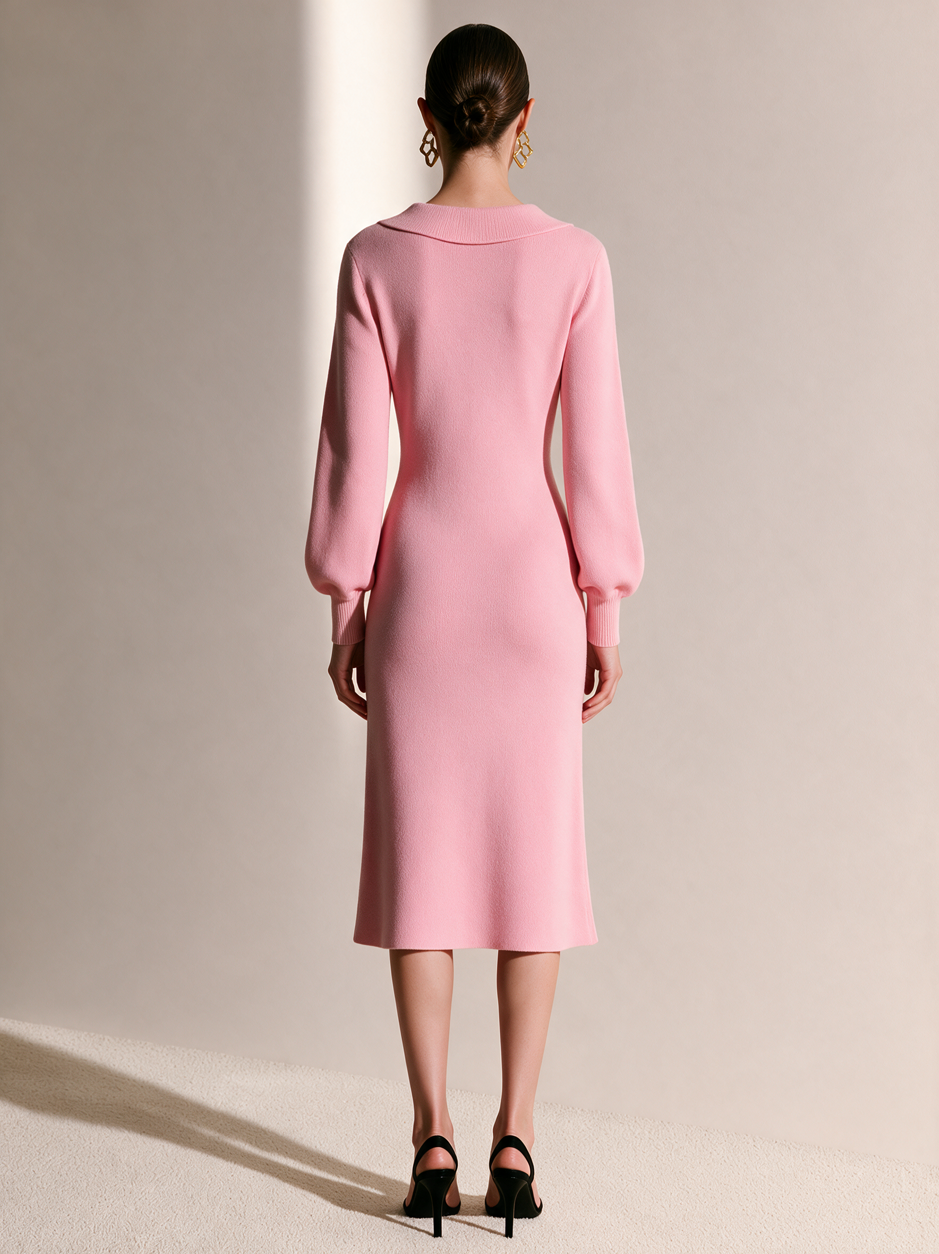 Pink Contrast-Trim Tie-Neck Knit Midi Dress