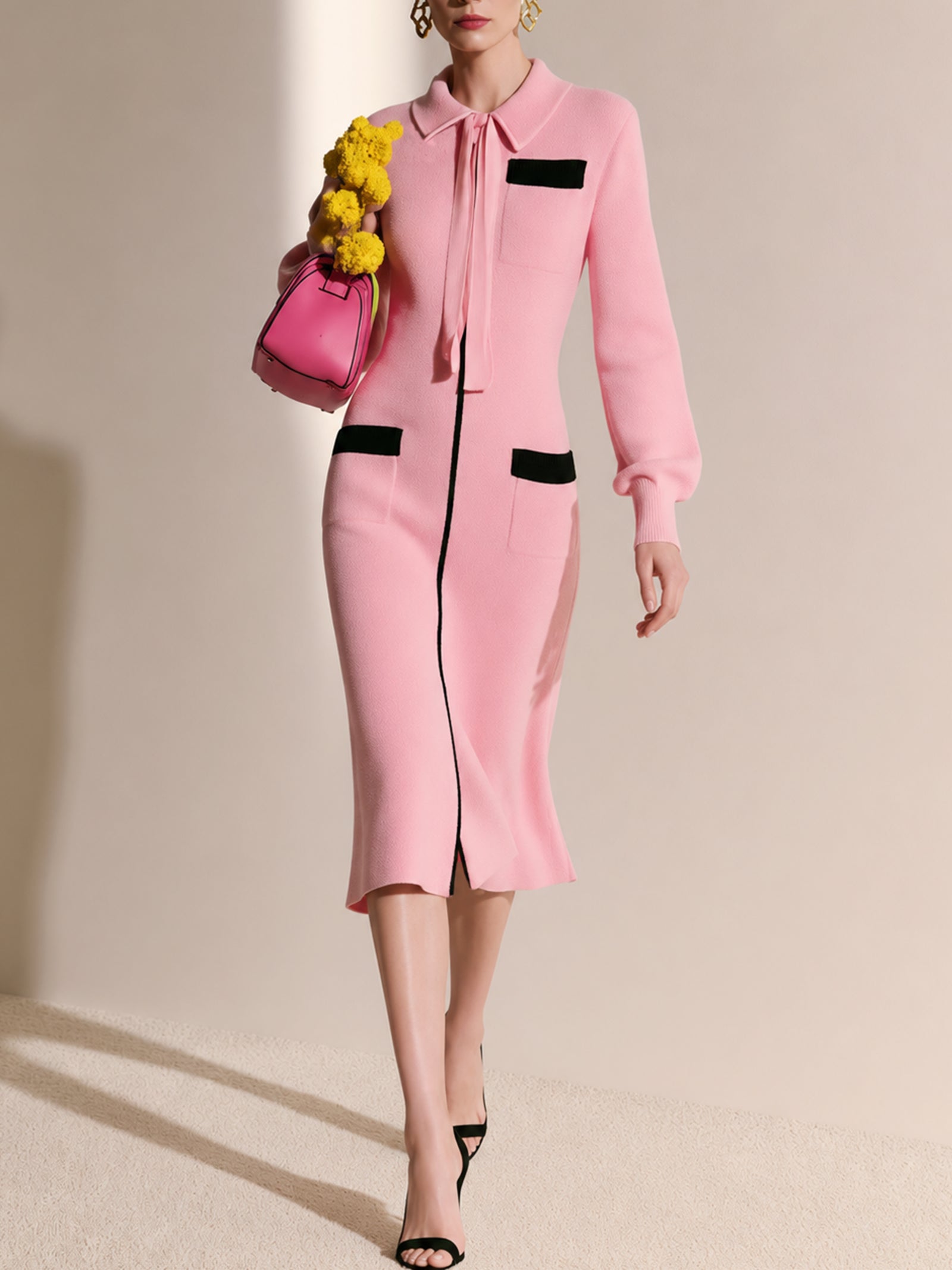 Pink Contrast-Trim Tie-Neck Knit Midi Dress