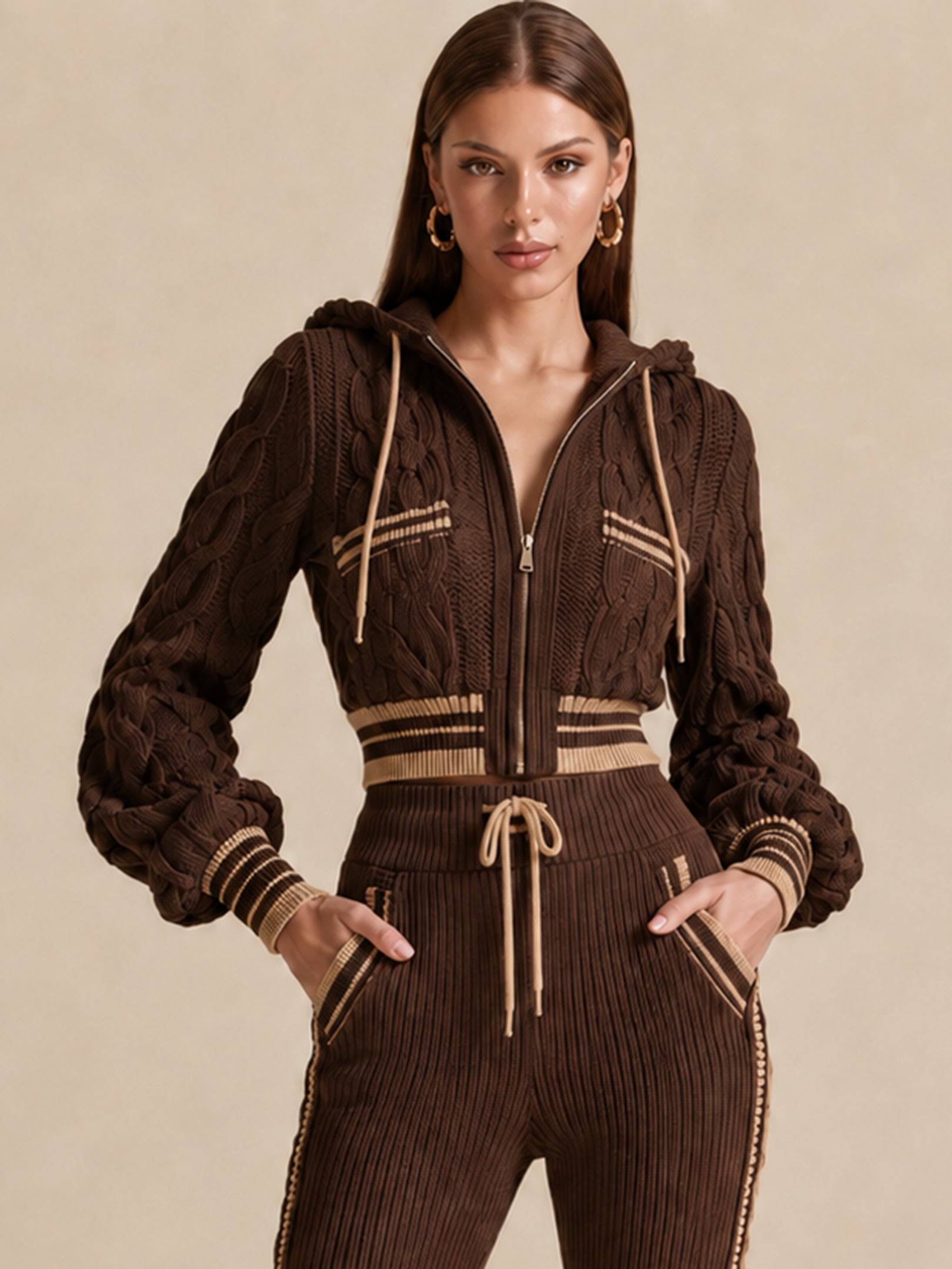 Chocolate Cable-Knit Zip-Up Hooded Cardigan With Contrast Stripe Trim