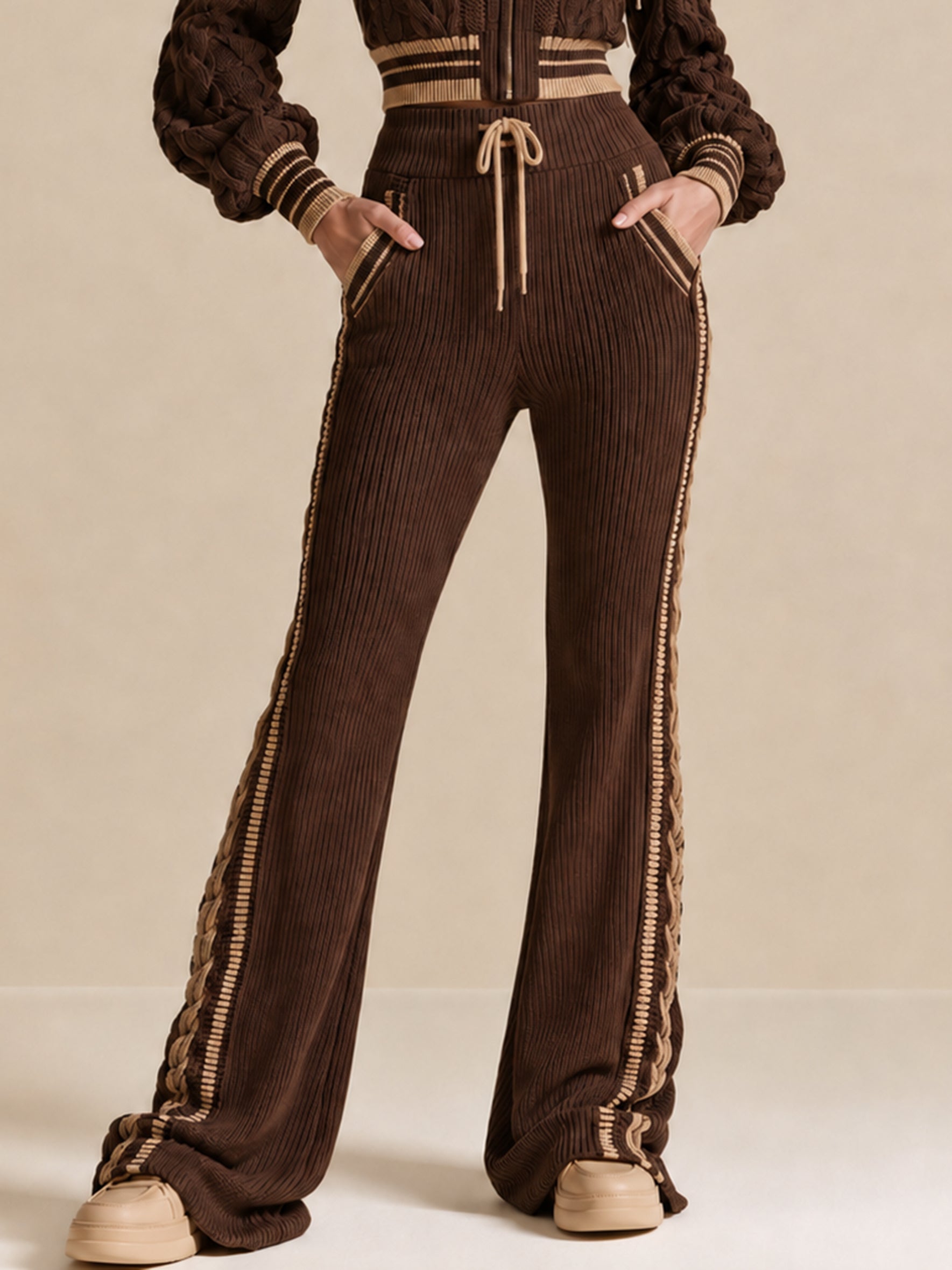 Chocolate Ribbed Knit Wide-Leg Pants With Drawstring Waist And Contrast Side Trim