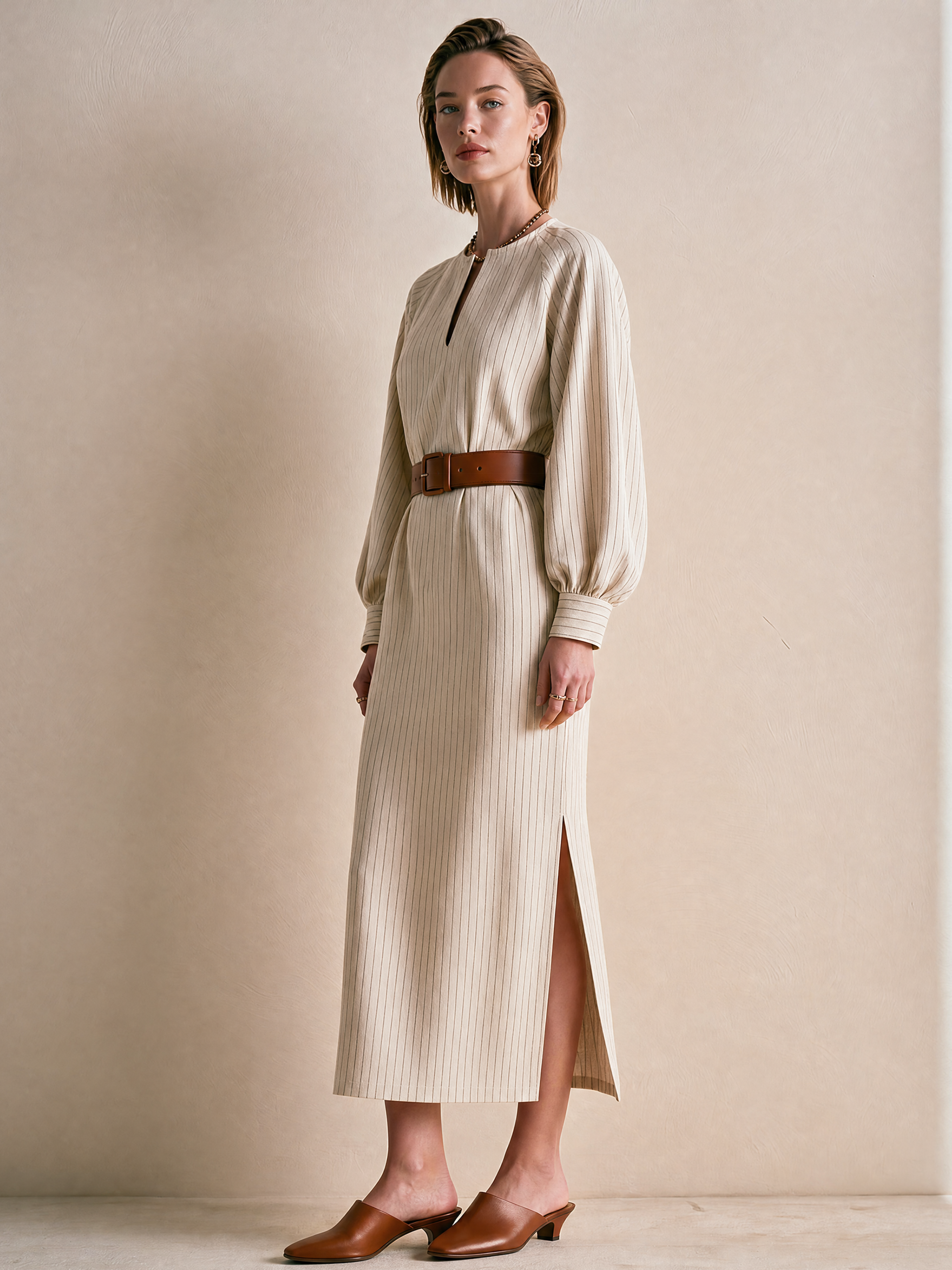 Elegant Ivory Brown Pinstripe Keyhole Midi Dress