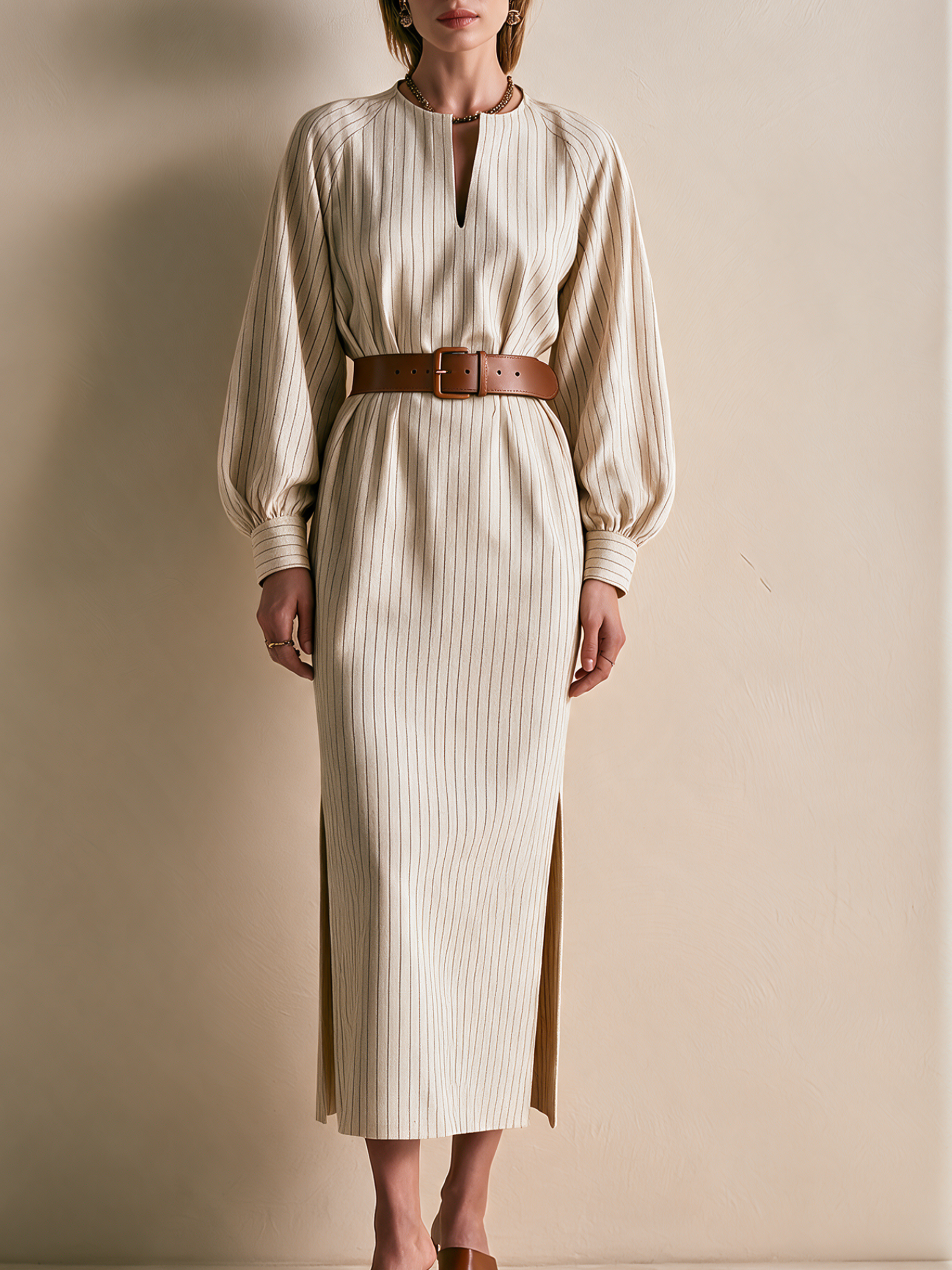 Elegant Ivory Brown Pinstripe Keyhole Midi Dress