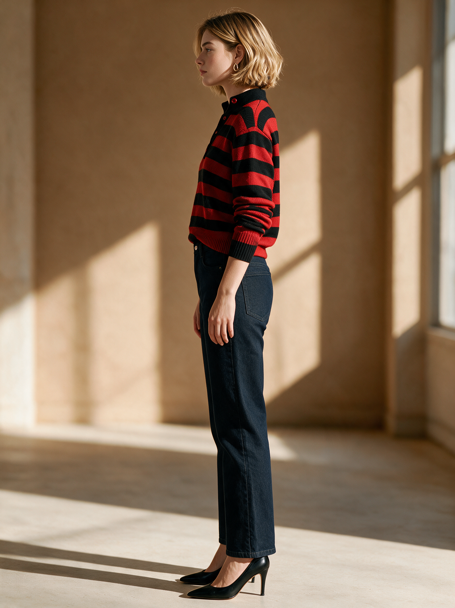 Red And Black Striped Knit Polo Shirt With A Stand-up Collar