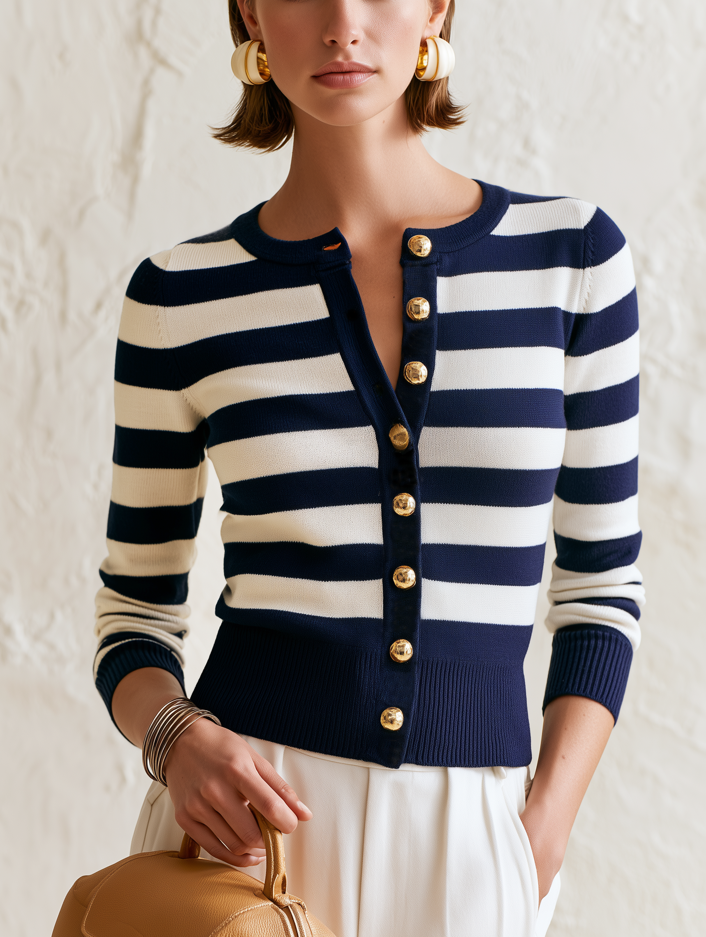 Navy‑Ivory Stripe Gold‑Button Cropped Knit Cardigan