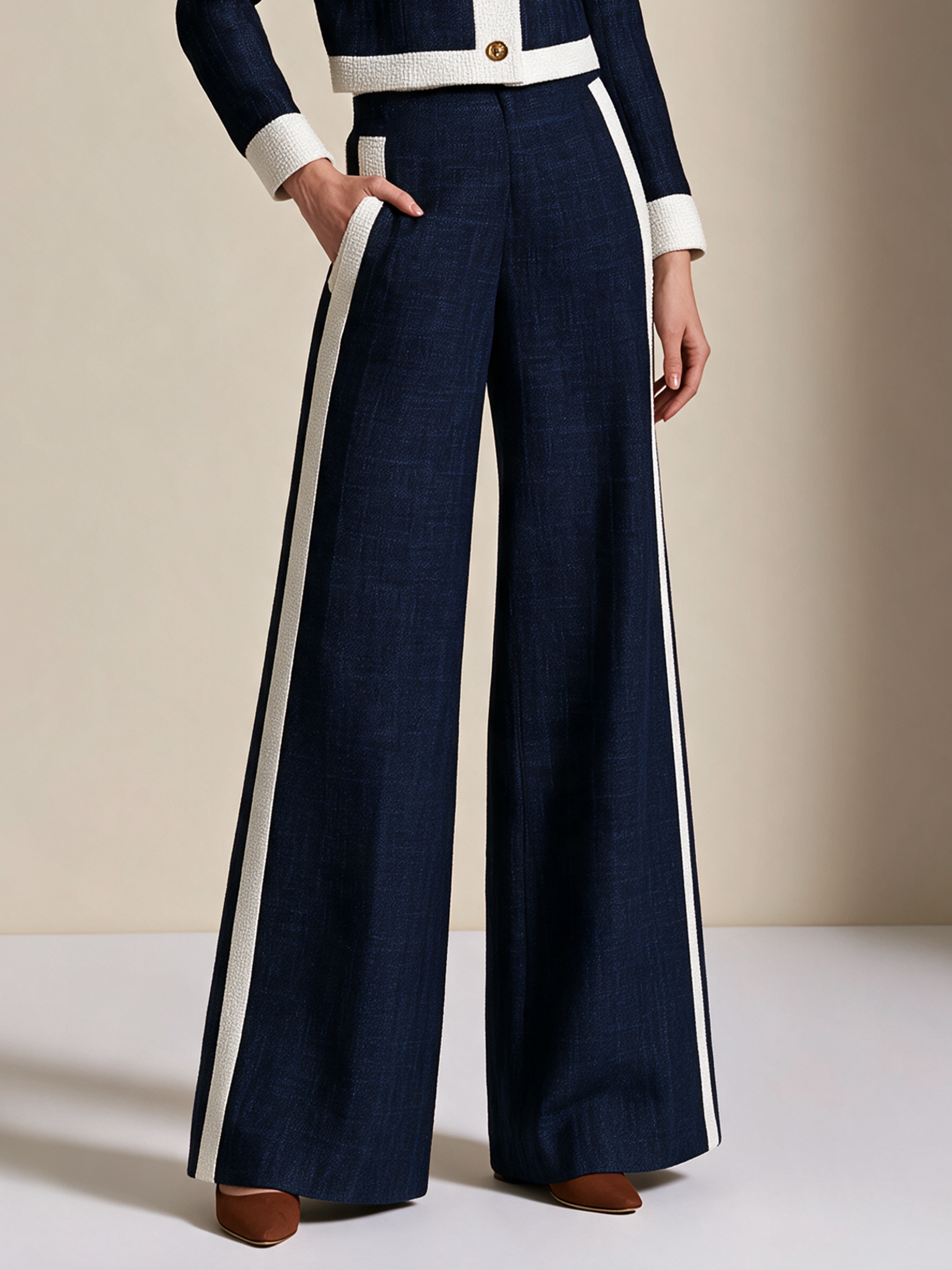 Elegant Navy & Ivory Contrast Tweed Wide-Leg Pants