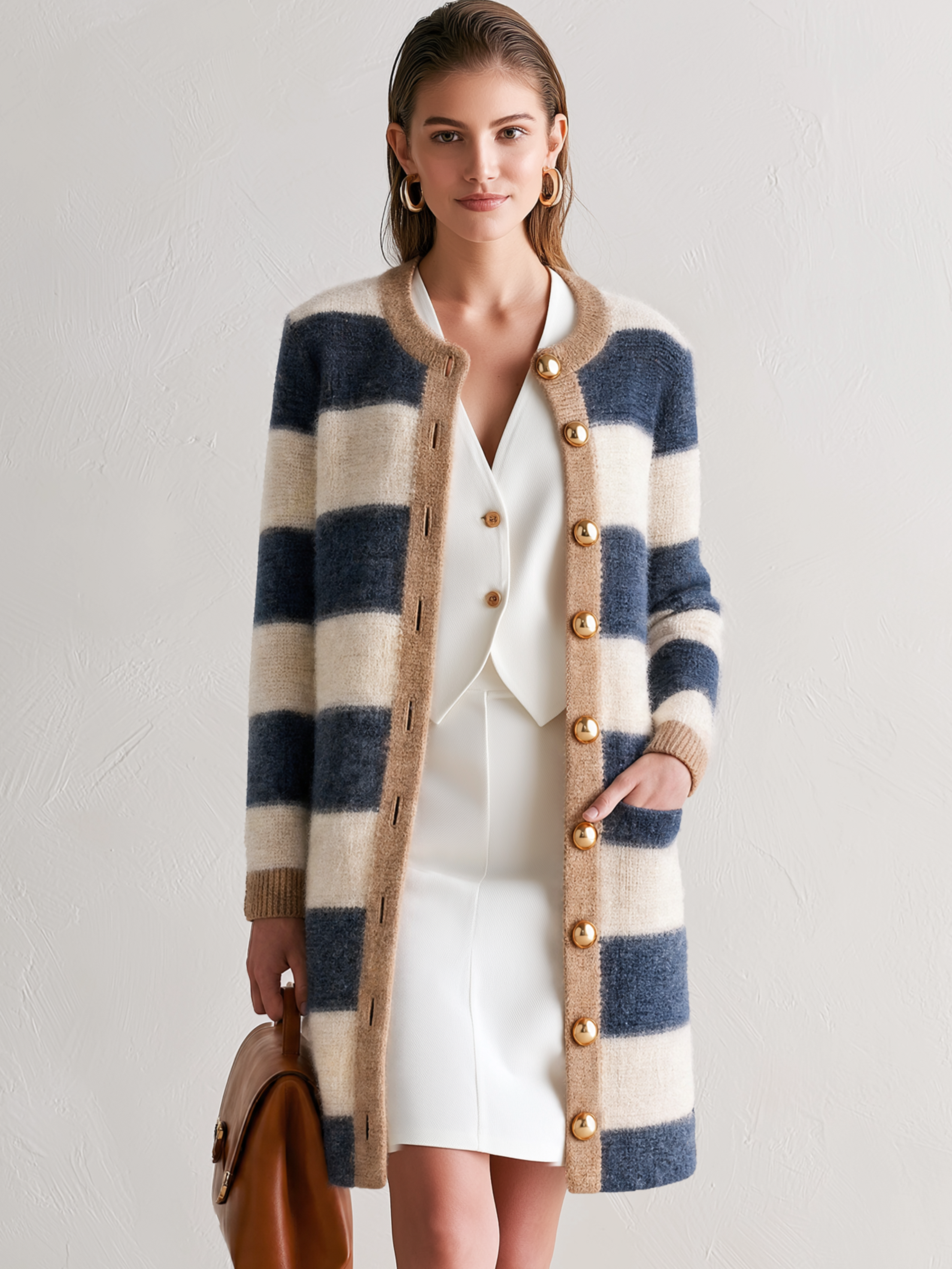 Color‑Block Plaid Gold‑Button Mid‑Length Knit Cardigan