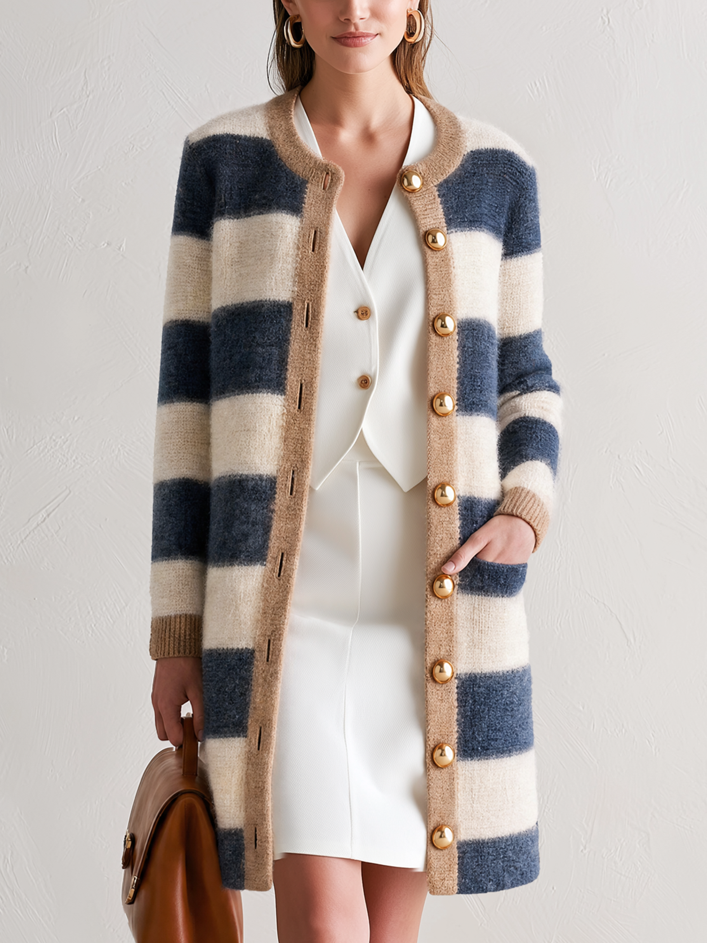 Color‑Block Plaid Gold‑Button Mid‑Length Knit Cardigan