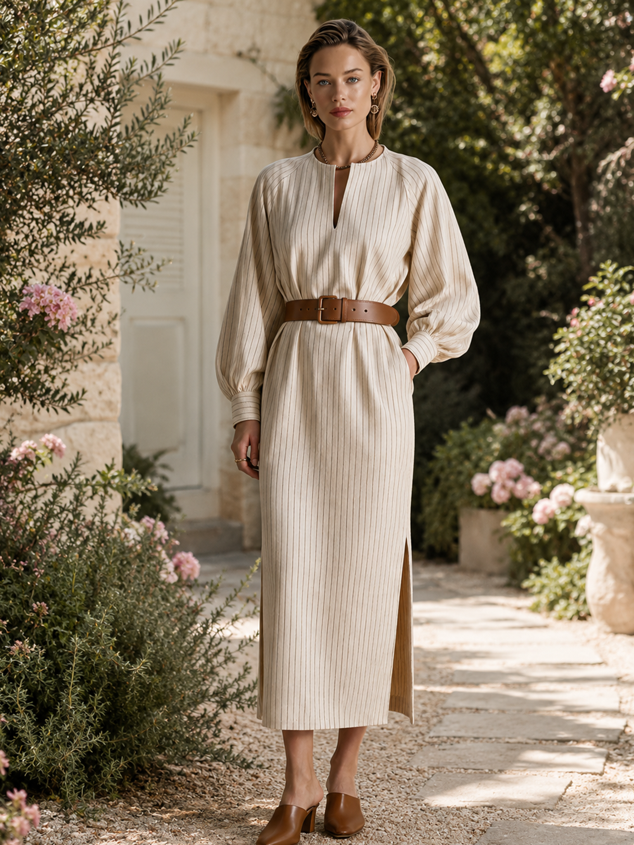 Elegant Ivory Brown Pinstripe Keyhole Midi Dress