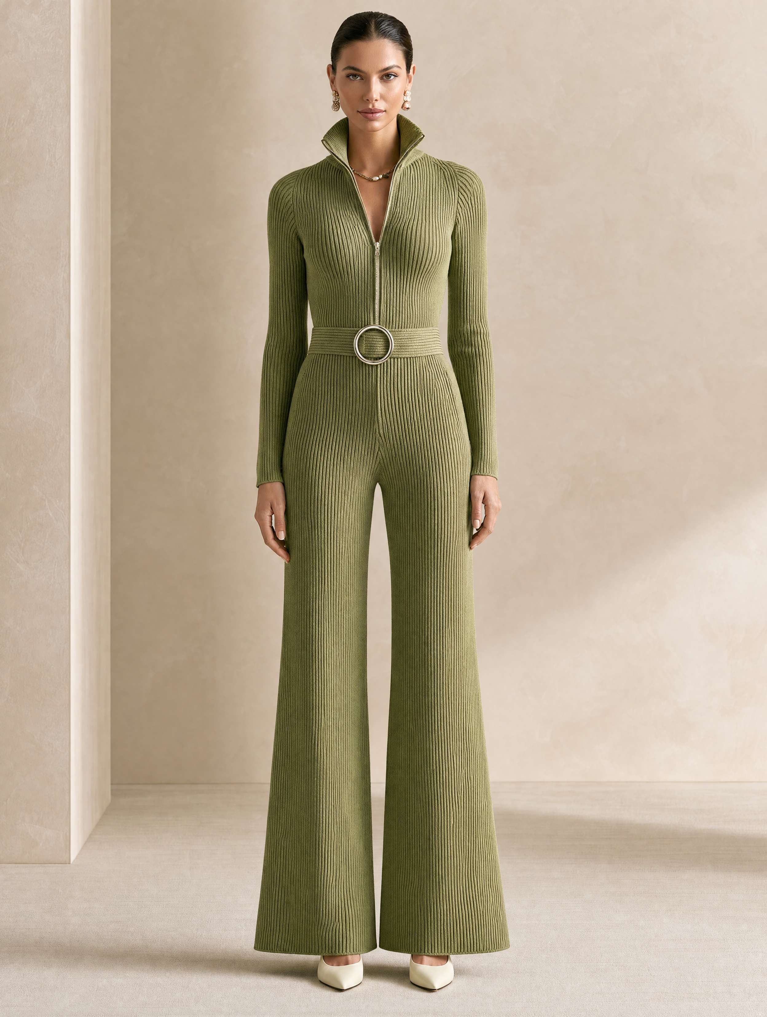 Elegant Green Ribbed Knit Jumpsuit