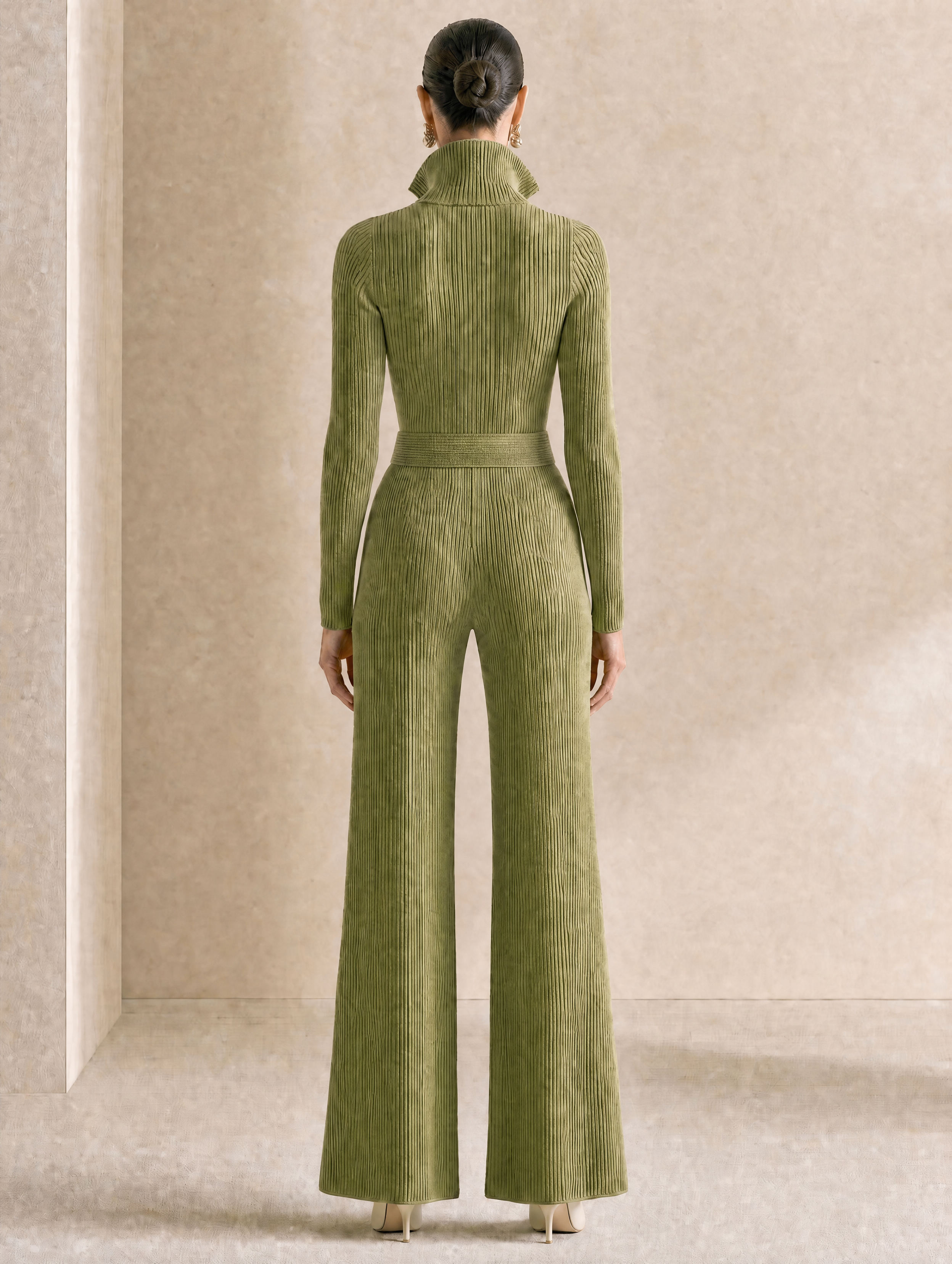 Elegant Green Ribbed Knit Jumpsuit
