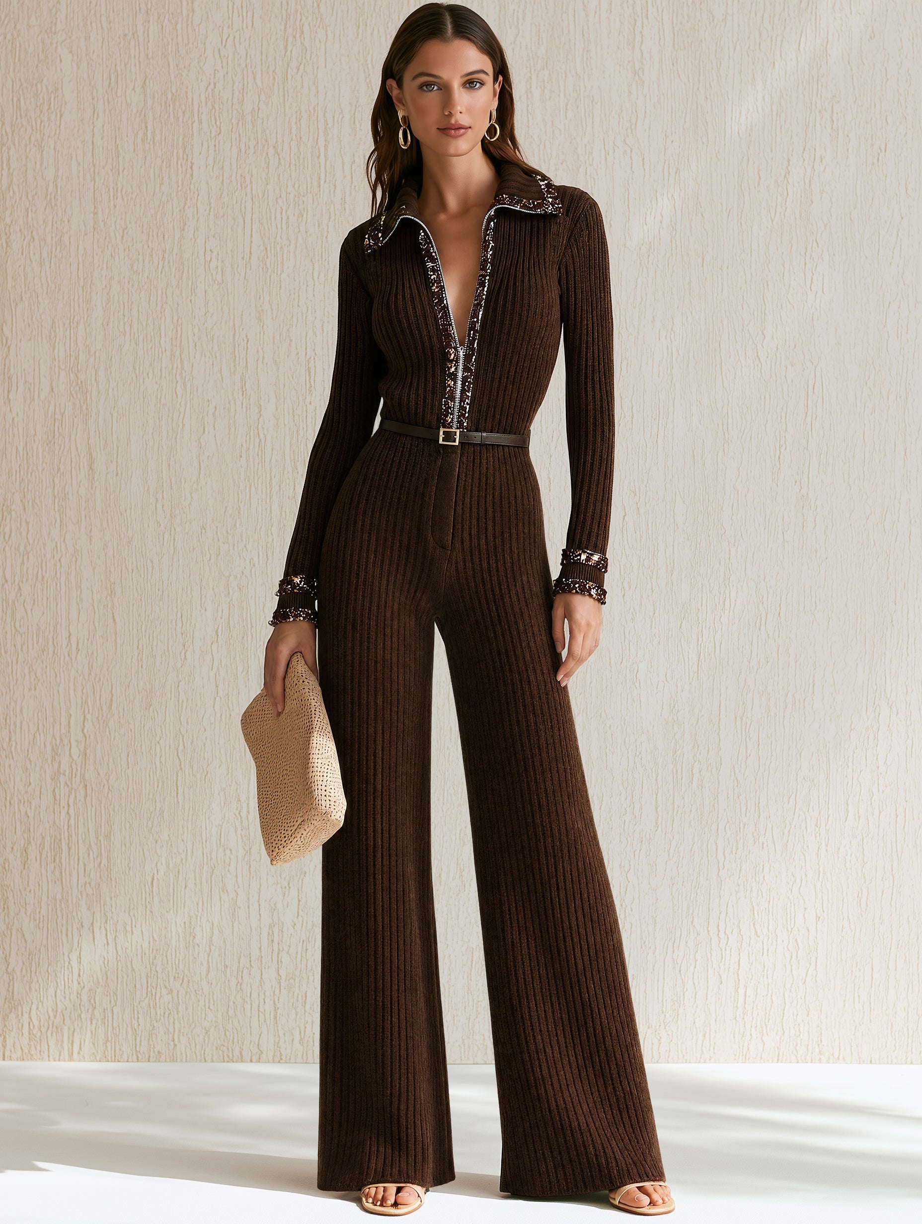Ribbed Knit Zip‑Up Collar Long‑Sleeve Jumpsuit