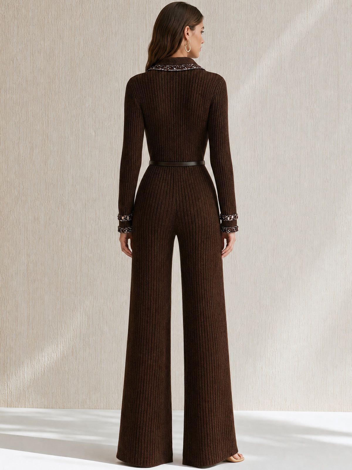 Ribbed Knit Zip‑Up Collar Long‑Sleeve Jumpsuit