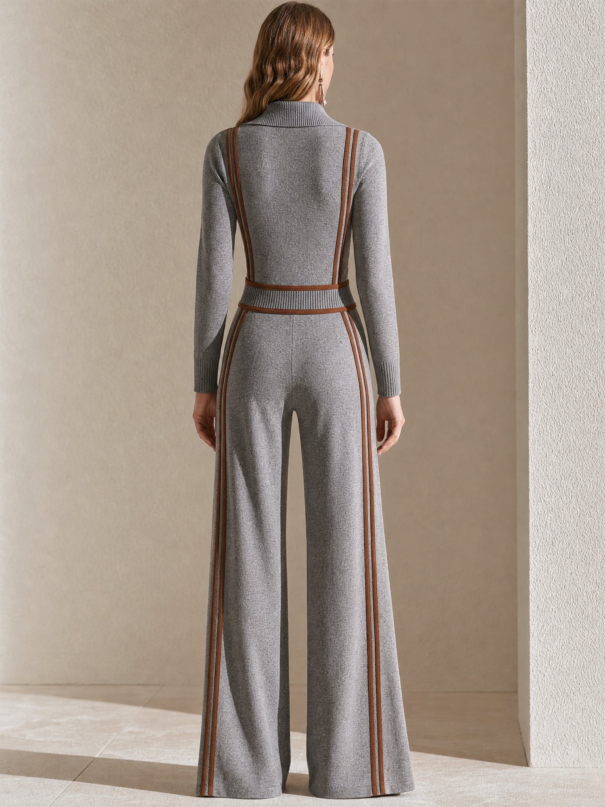 Long‑Sleeve Half‑Zip Stand Collar Wide‑Leg Jumpsuit