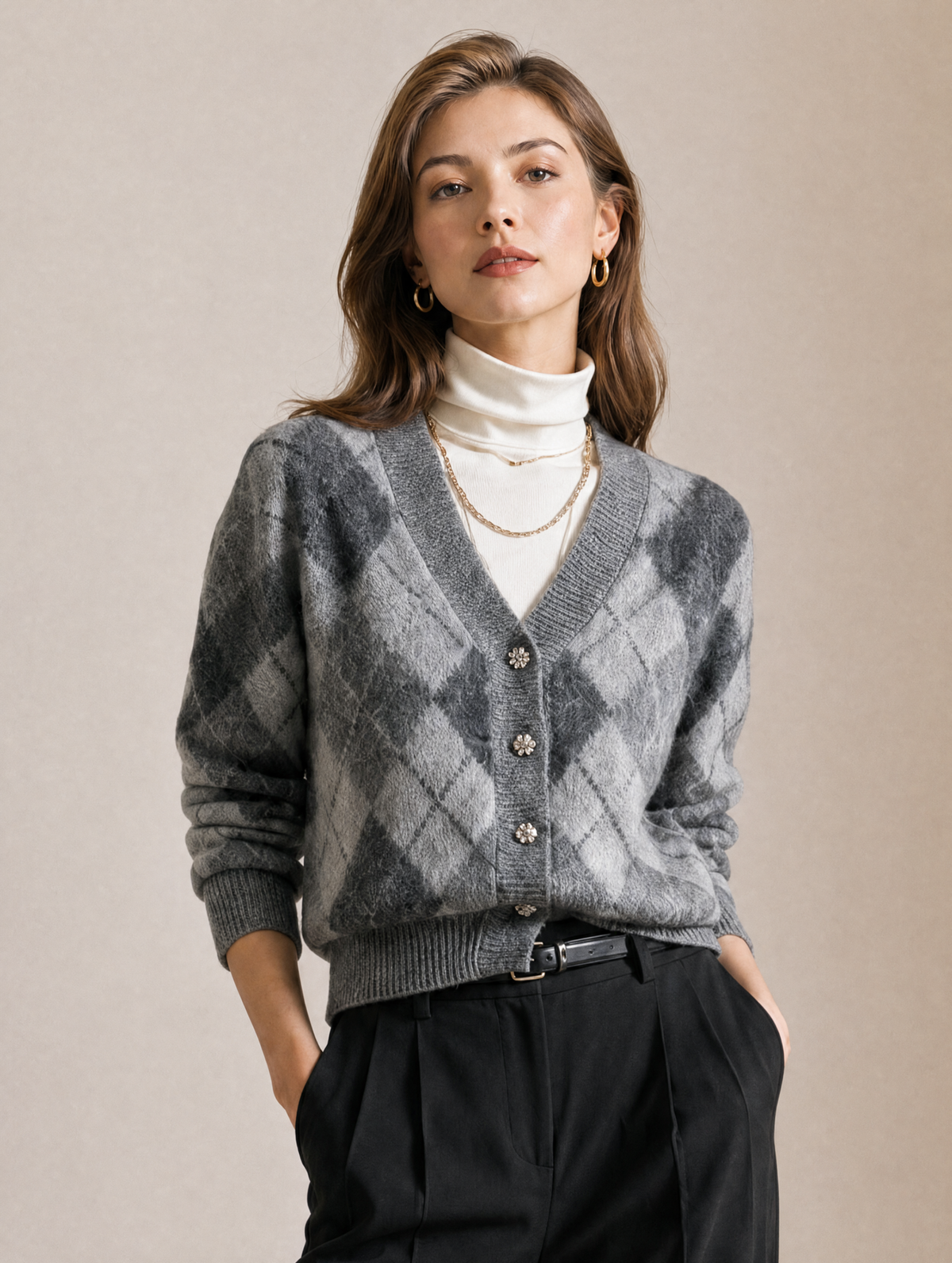 Grey Argyle V-Neck Button-Up Knit Cardigan With Rhinestone Buttons