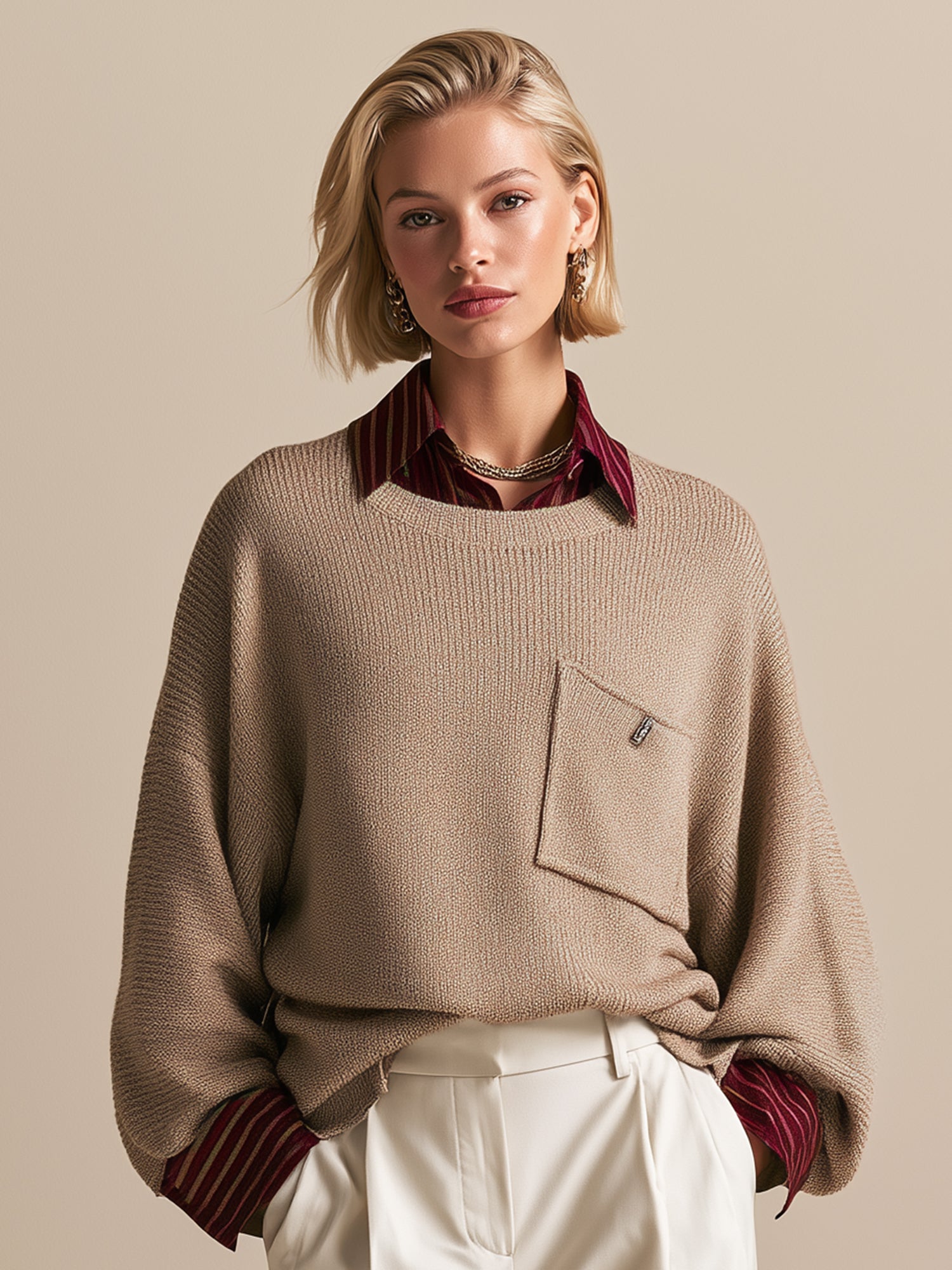 Beige Oversized Knit Poncho Sweater With Chest Pocket
