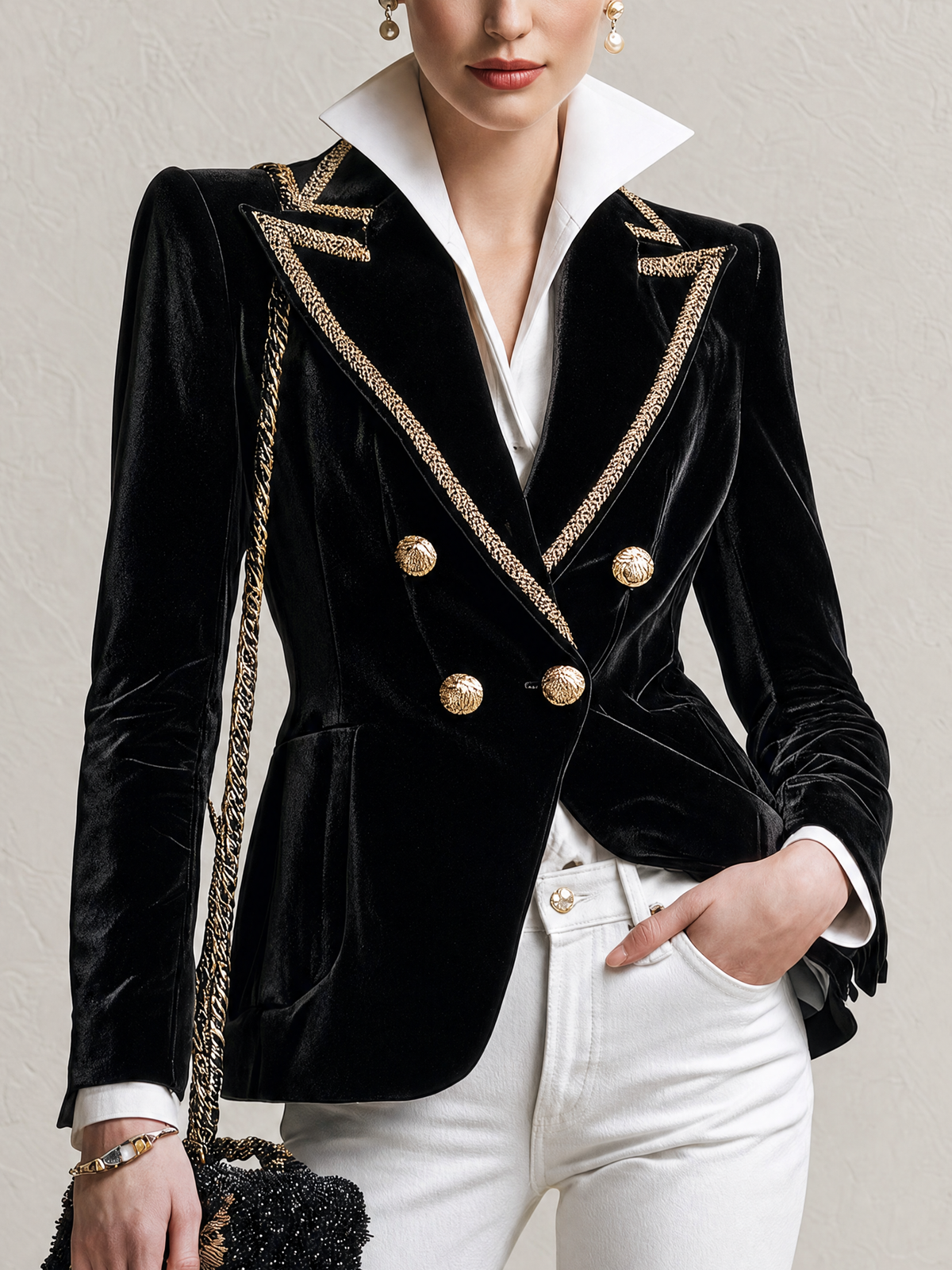Black Velvet Gold‑Trim Double‑Breasted Waisted Blazer