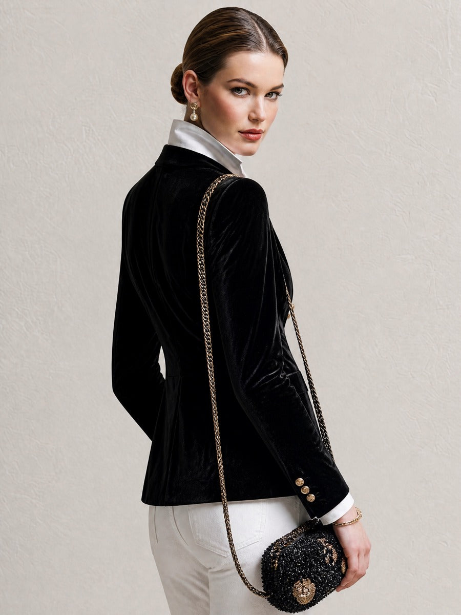Black Velvet Gold‑Trim Double‑Breasted Waisted Blazer