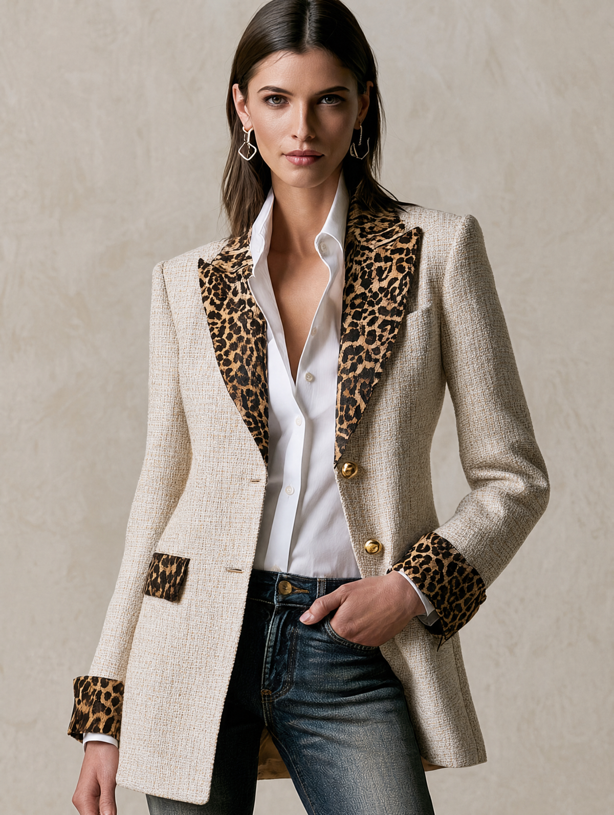 Tweed Leopard‑Panel Gold‑Button Tailored Blazer