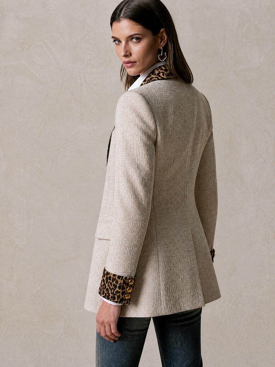 Tweed Leopard‑Panel Gold‑Button Tailored Blazer