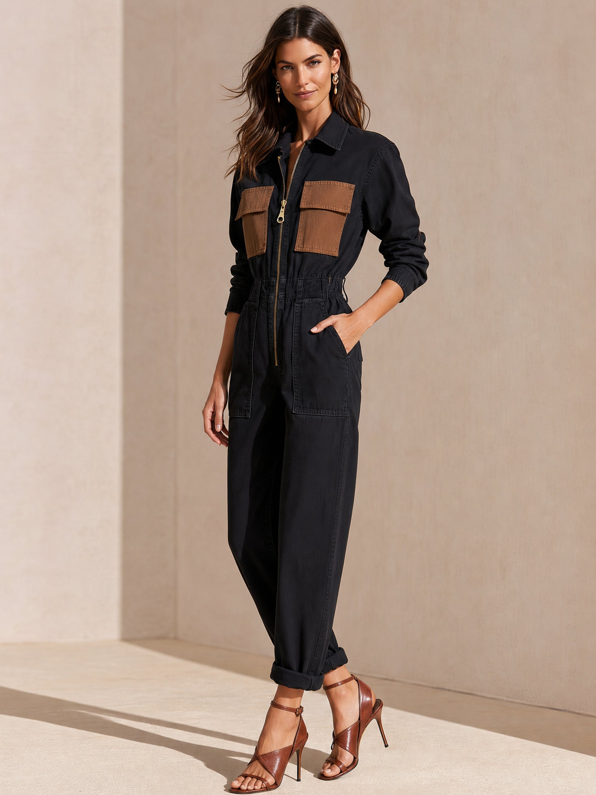 Black Contrast‑Brown Utility Jumpsuit