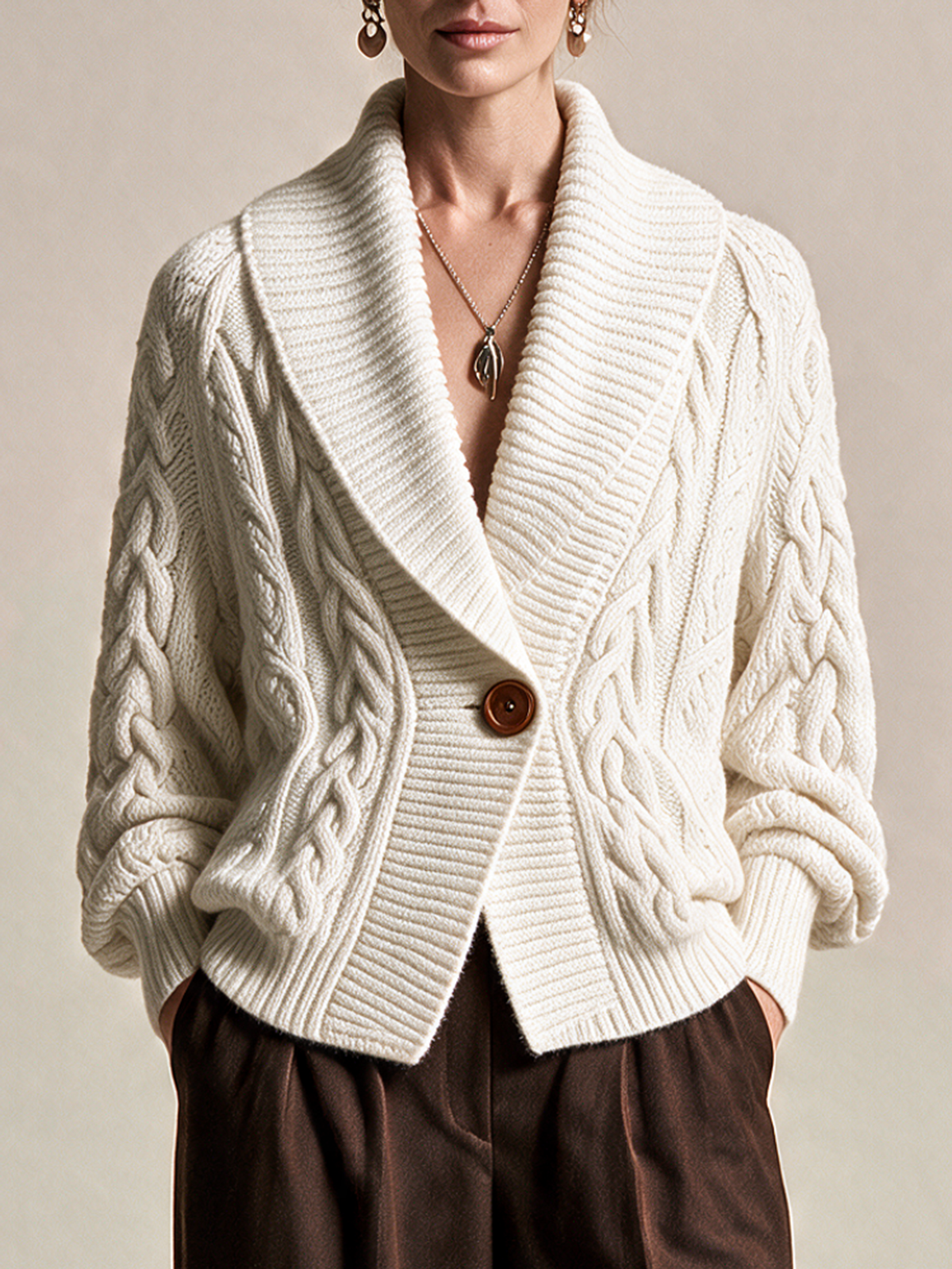 Elegant Ivory Cable-Knit Shawl Collar Cardigan