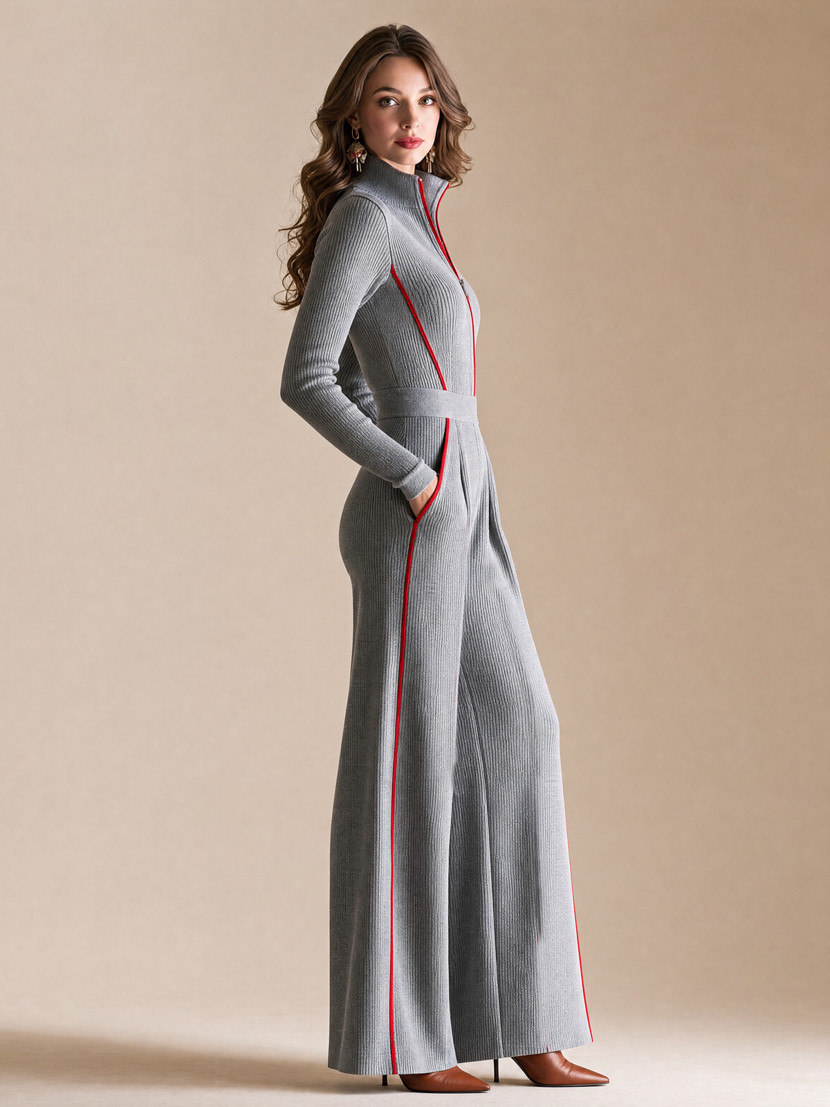 Elegant Grey & Red Contrast Trim Knit Jumpsuit