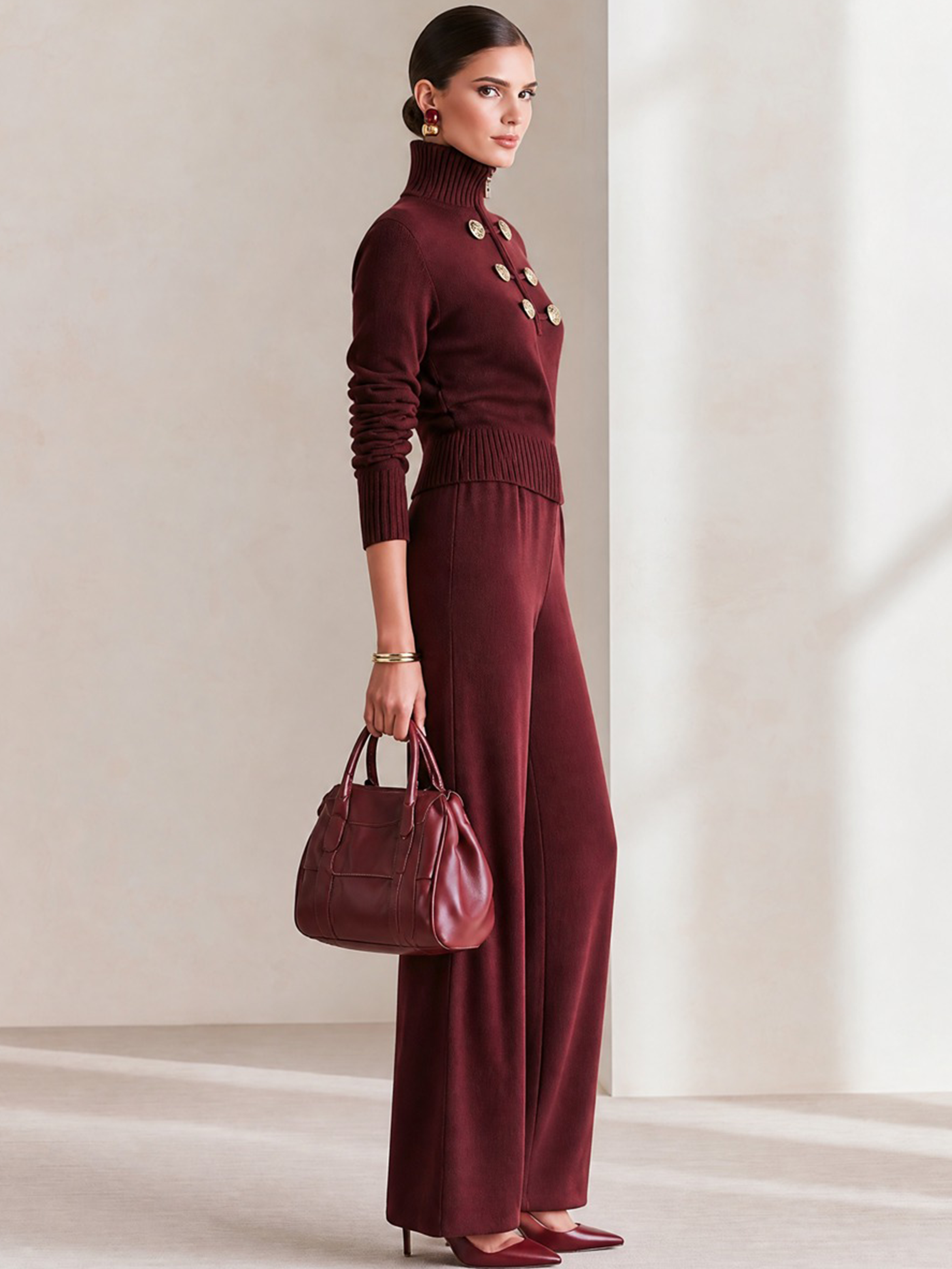 Burgundy Half‑Zip Turtleneck Knit Wide‑Leg Pant Two‑Piece Set