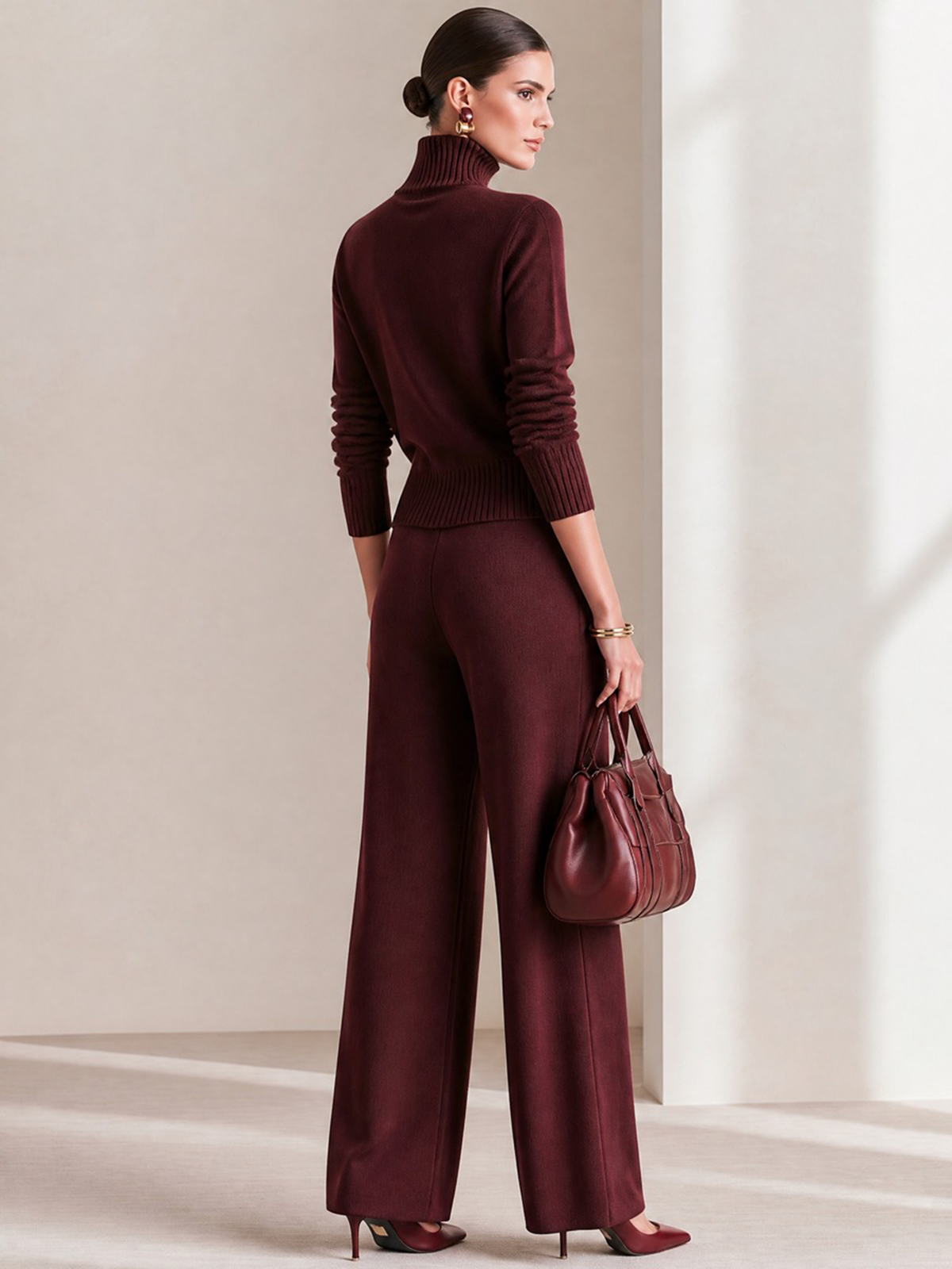 Burgundy Half‑Zip Turtleneck Knit Wide‑Leg Pant Two‑Piece Set