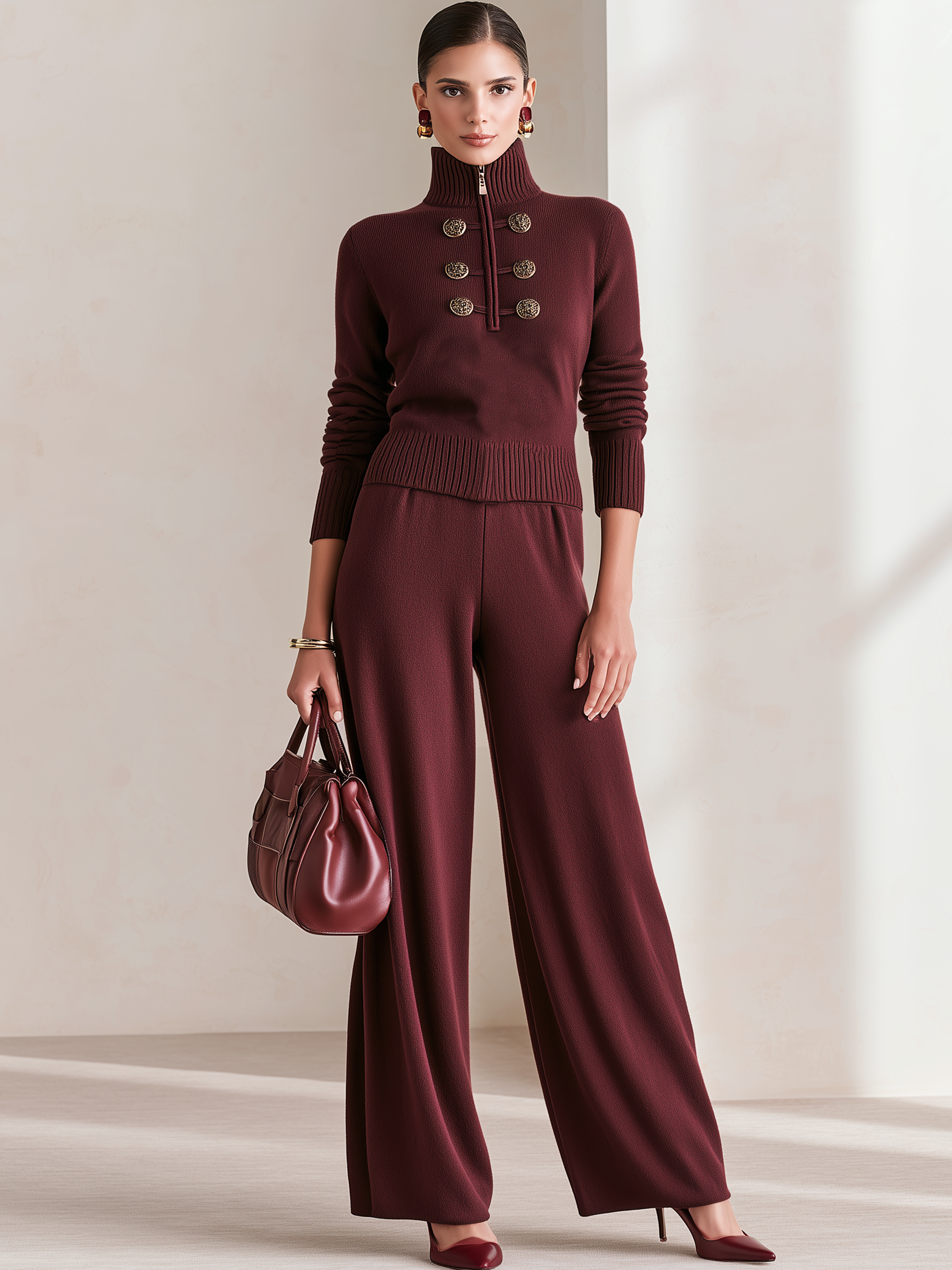 Burgundy Half‑Zip Turtleneck Knit Wide‑Leg Pant Two‑Piece Set