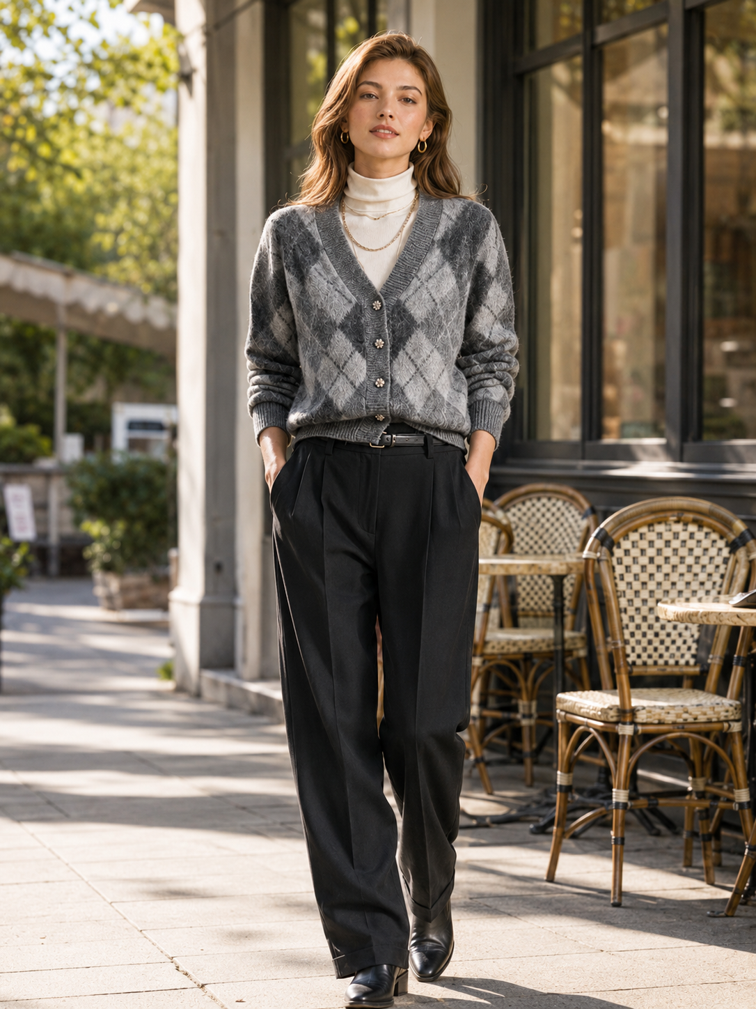 Grey Argyle V-Neck Button-Up Knit Cardigan With Rhinestone Buttons