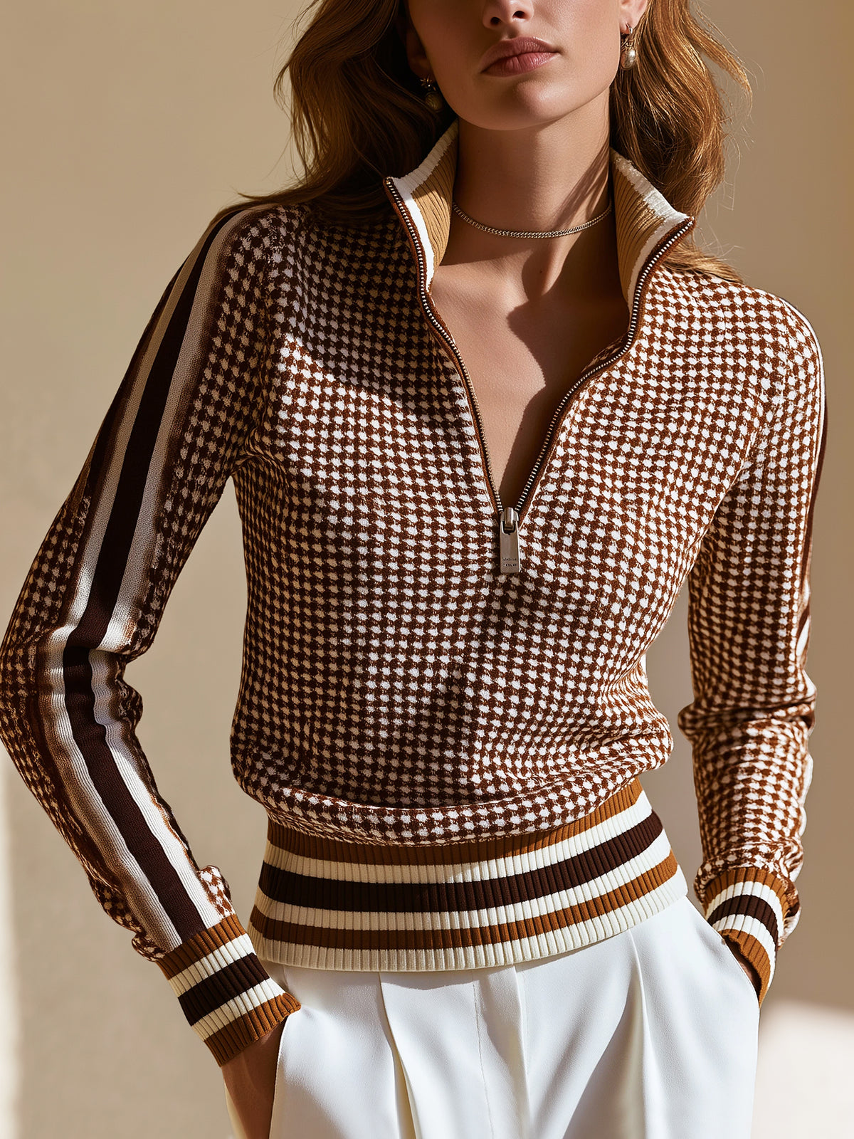 Houndstooth Half‑Zip Knit Sweater Pullover