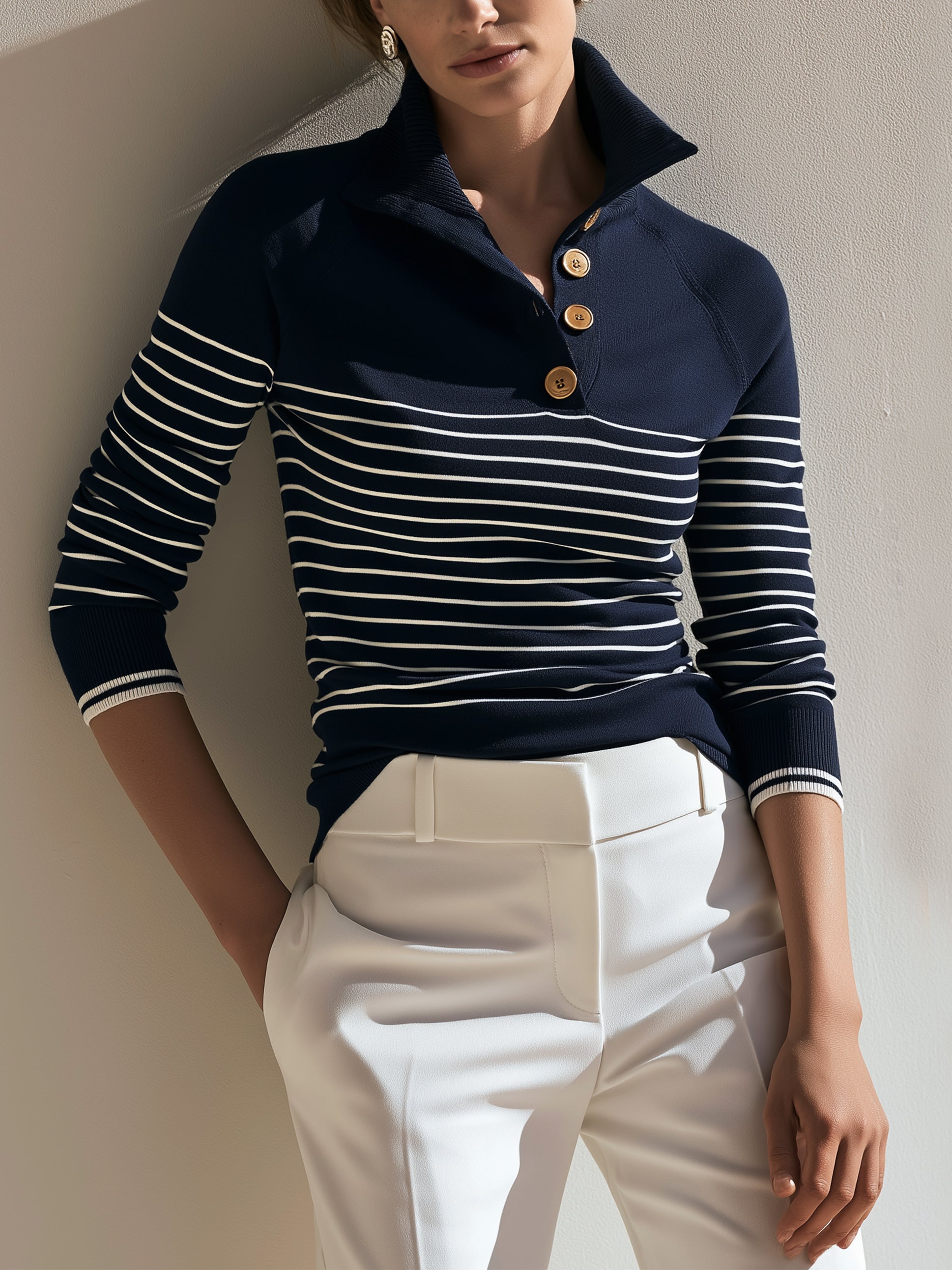 Navy‑White Breton‑Stripe Knit Pullover Sweater