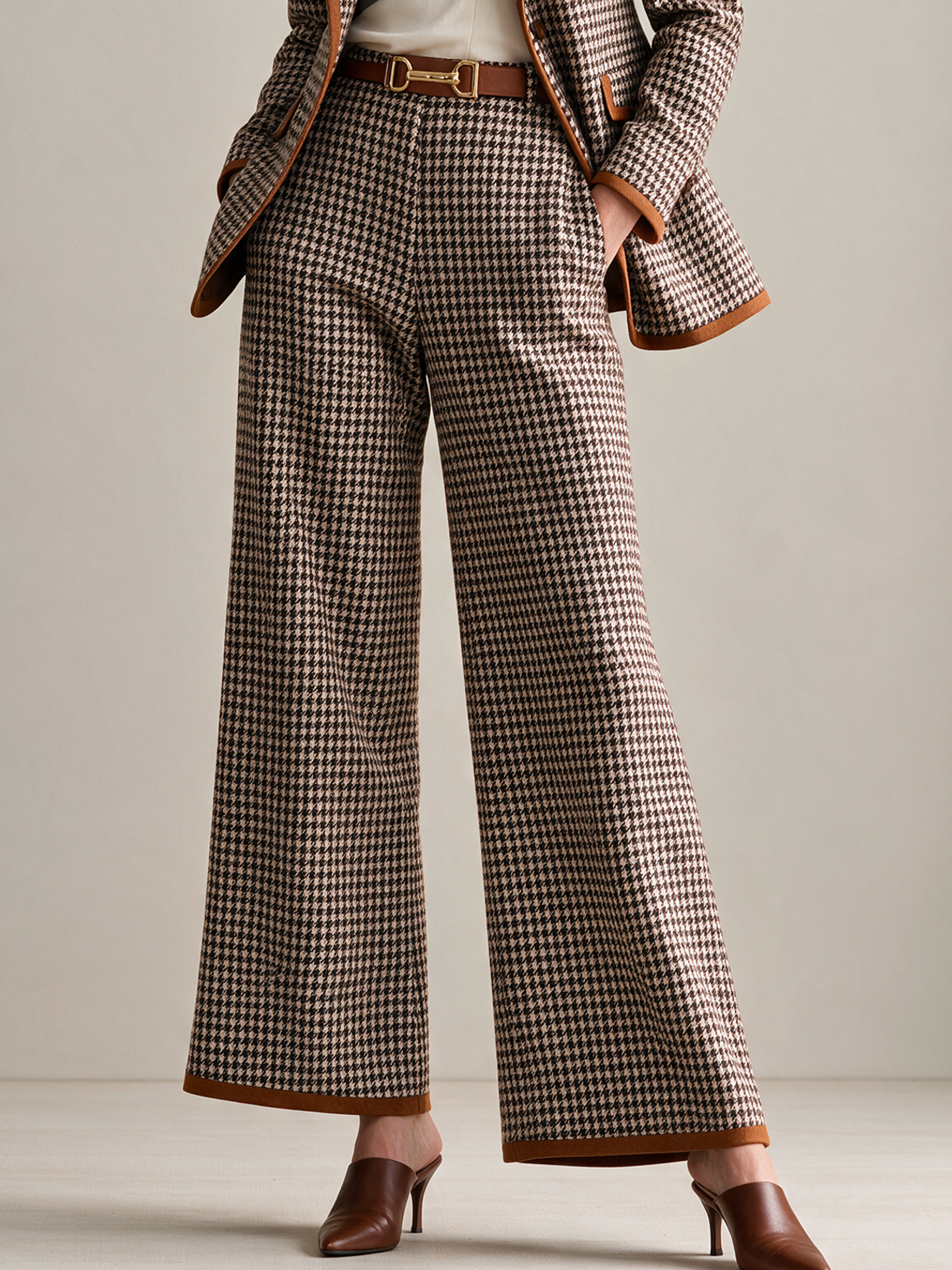Elegant Brown Houndstooth Contrast-Trim Wide-Leg Trousers