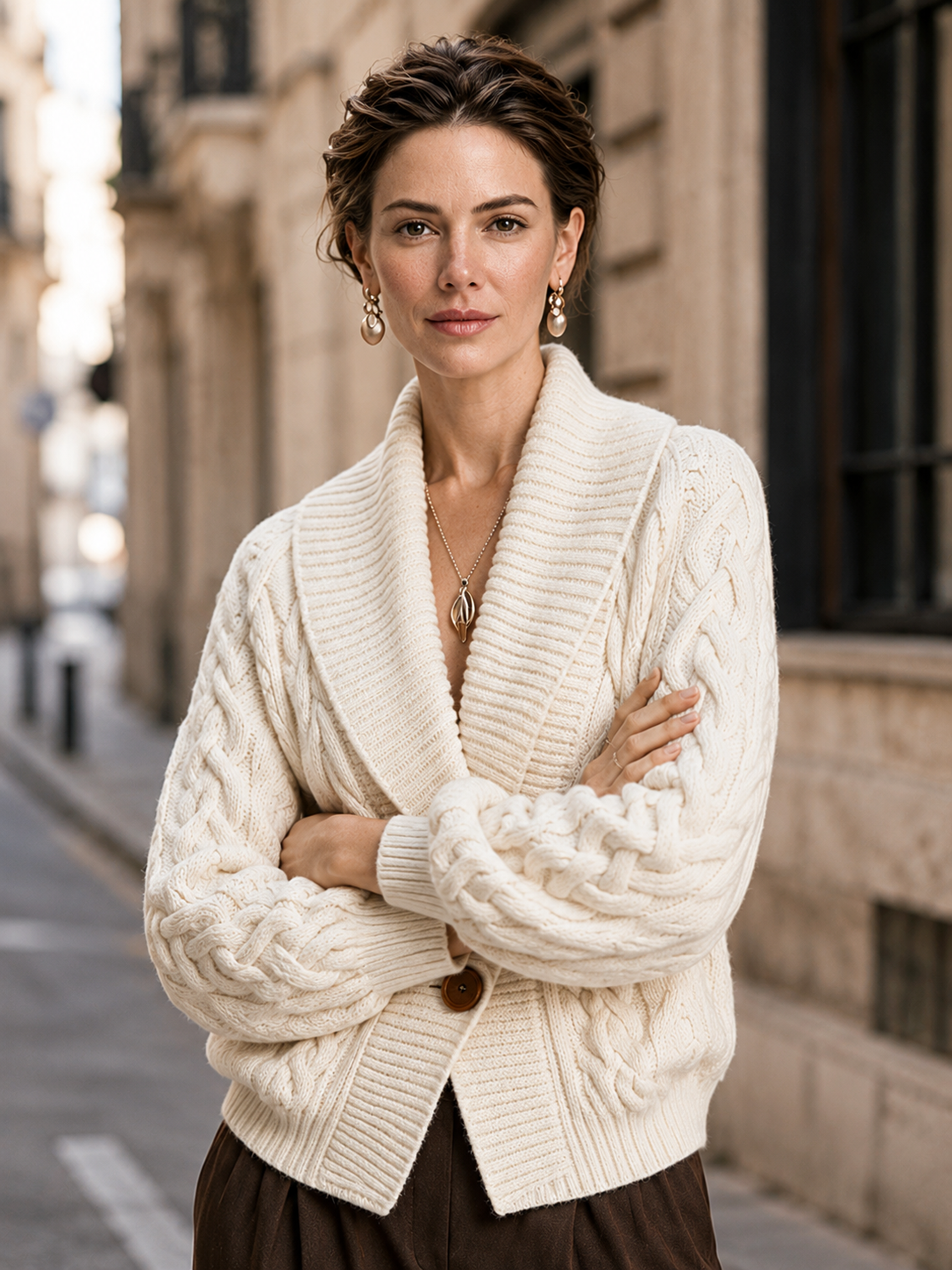 Elegant Ivory Cable-Knit Shawl Collar Cardigan