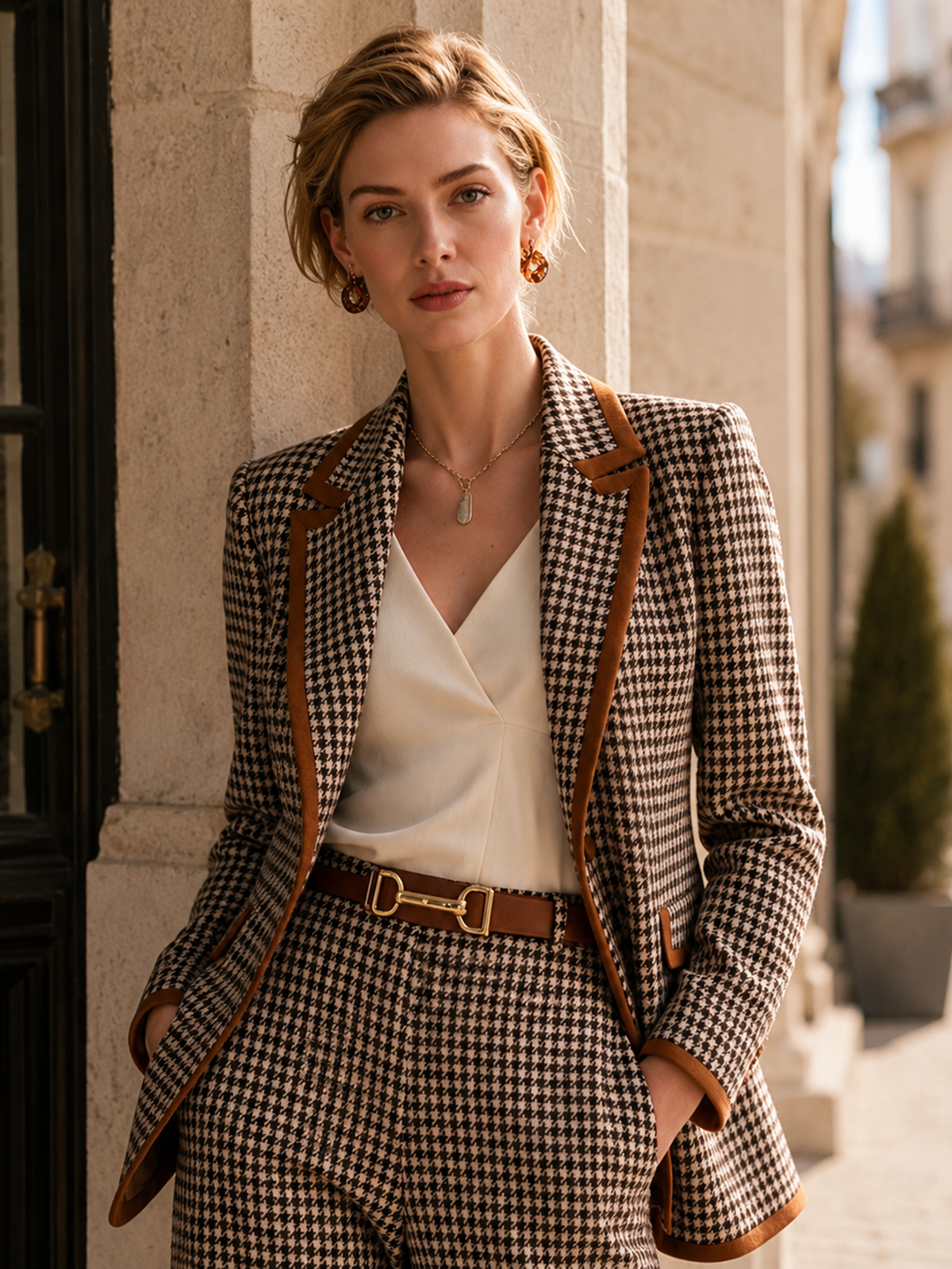 Elegant Brown Houndstooth Contrast-Trim Blazer