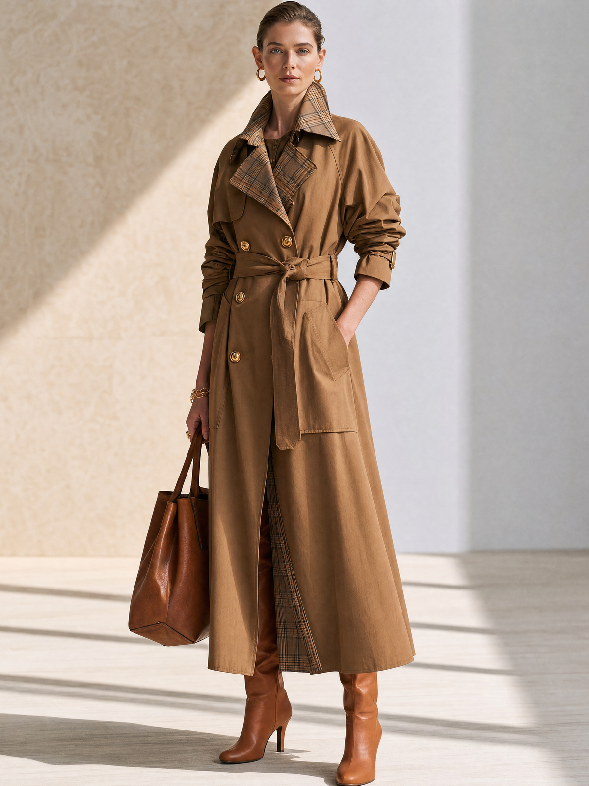 Khaki Plaid‑Lined Belted Double‑Breasted Long Trench Coat