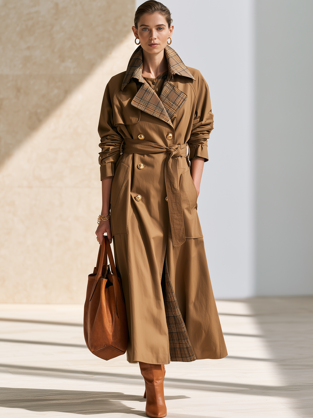 Khaki Plaid‑Lined Belted Double‑Breasted Long Trench Coat